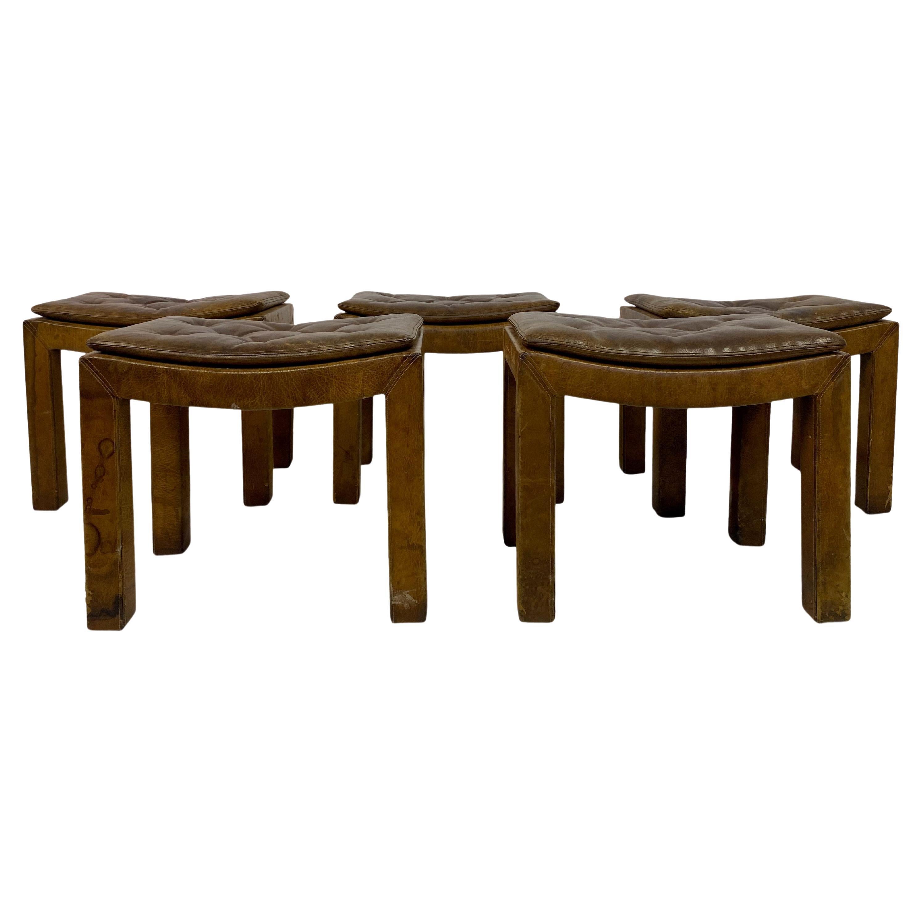 Set of Five Buttoned Leather Stools For Sale