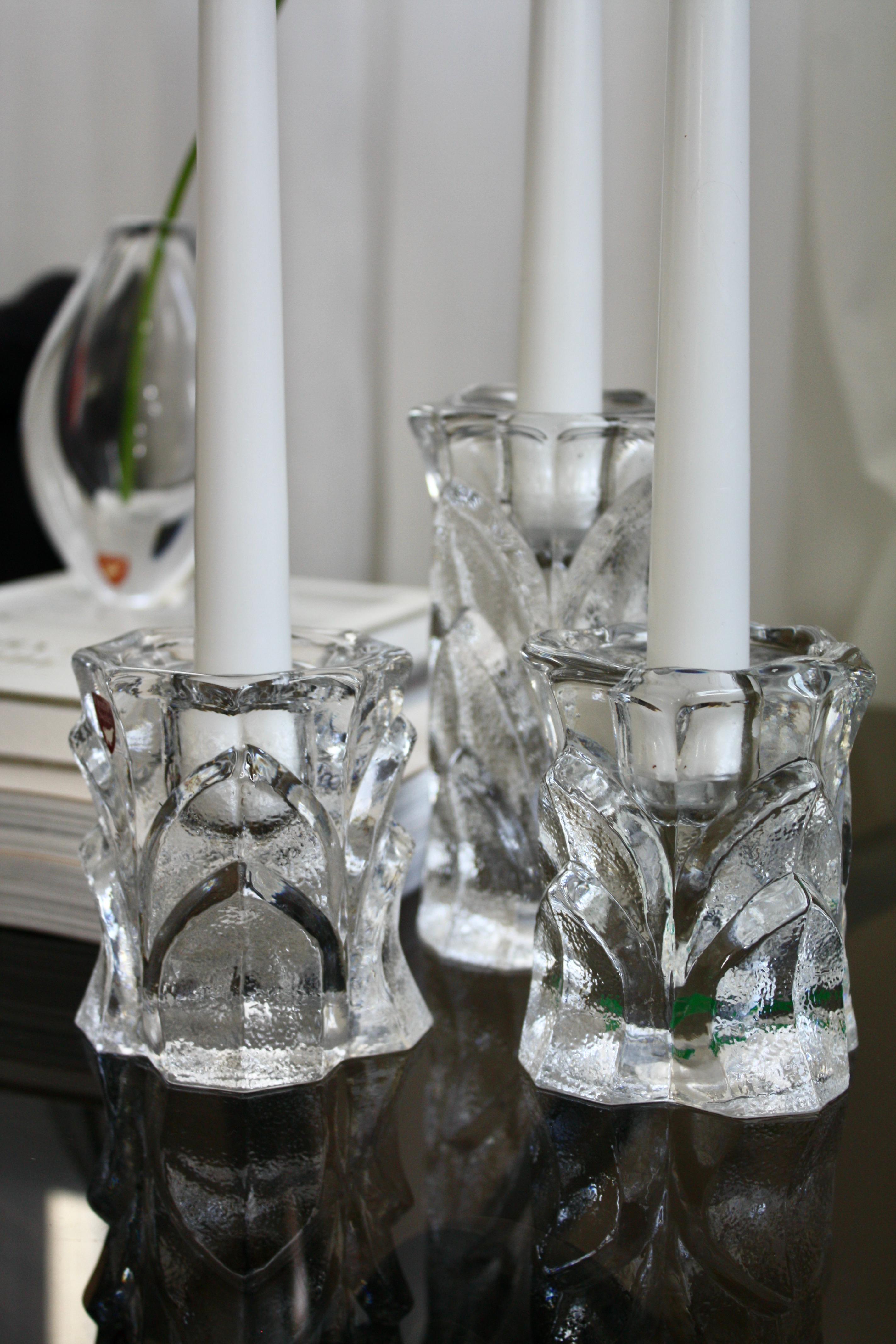 Mid-Century Modern Set of Five “Capella” Crystal Candle Holders by Orrefors, Sweden For Sale