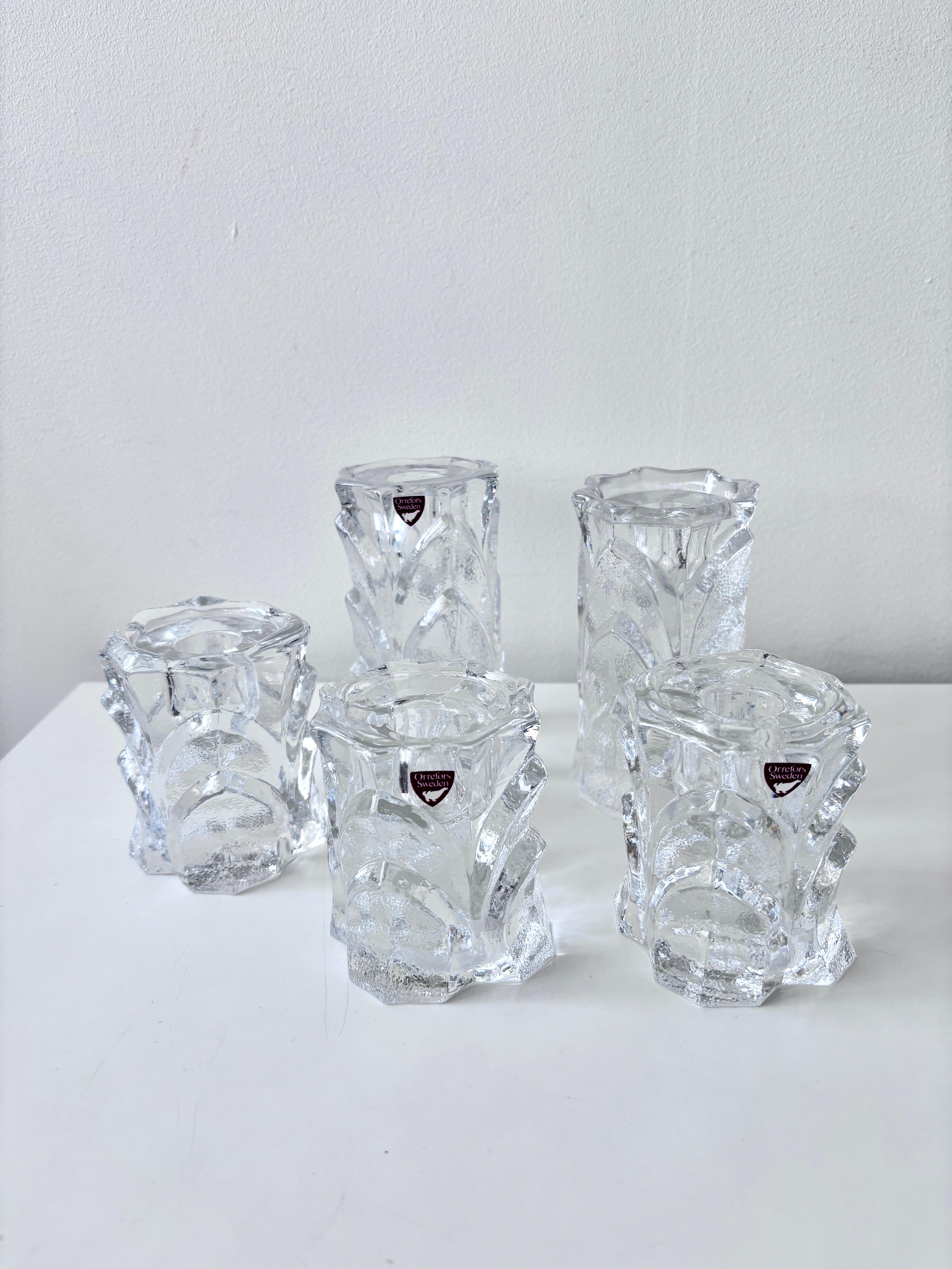 Late 20th Century Set of Five “Capella” Crystal Candle Holders by Orrefors, Sweden For Sale