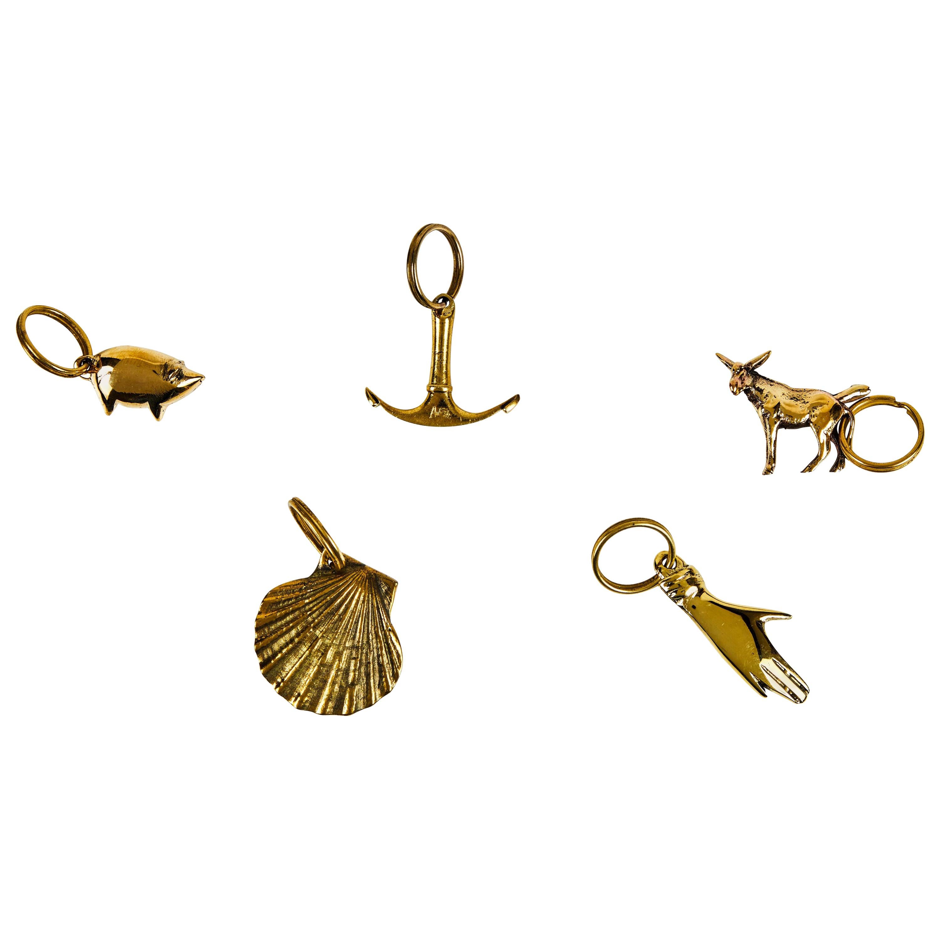 Set of Five Carl Auböck Brass Figurine Keyrings For Sale