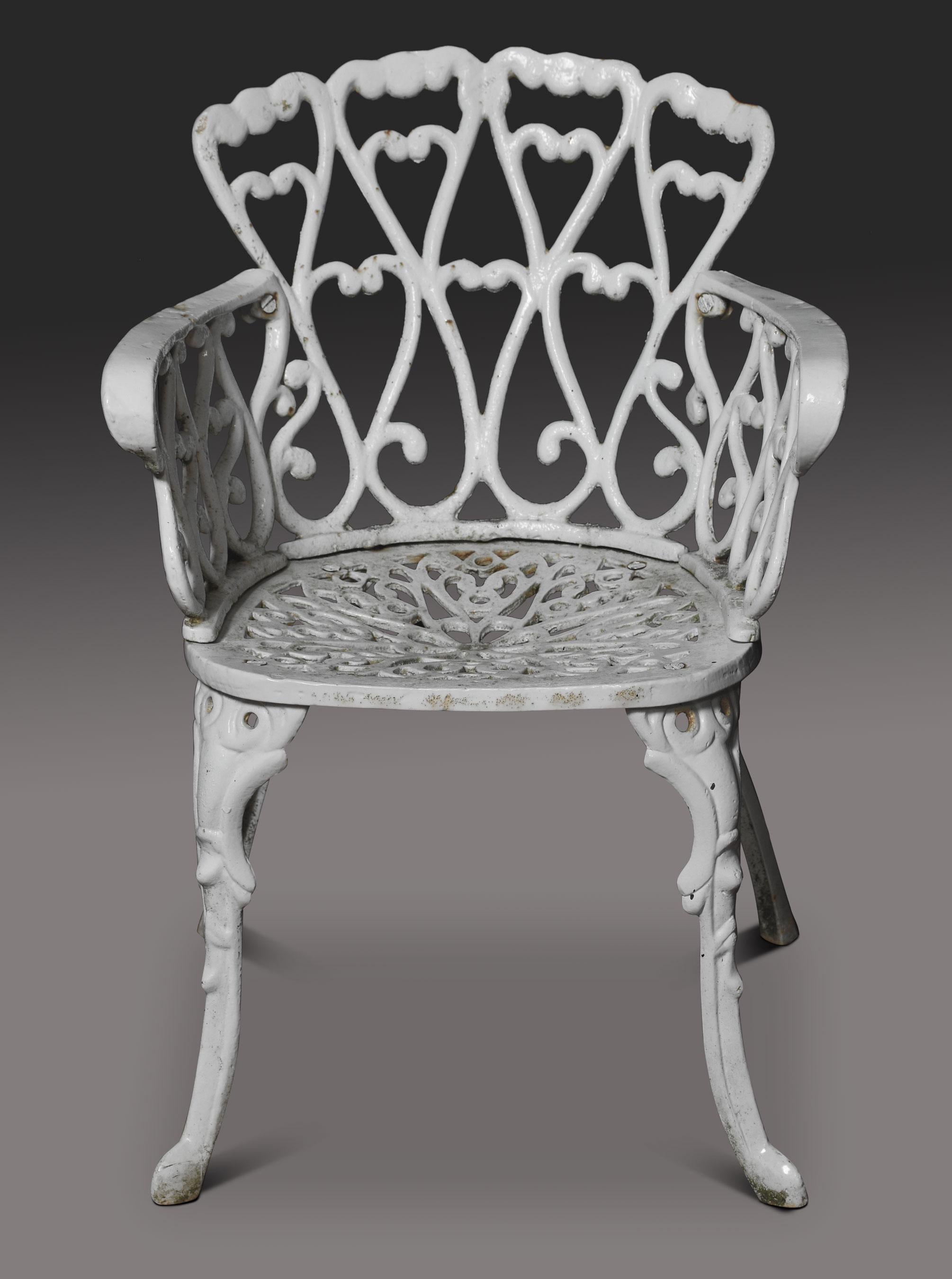 Iron Set of five cast iron Coalbrookdale style garden chairs For Sale