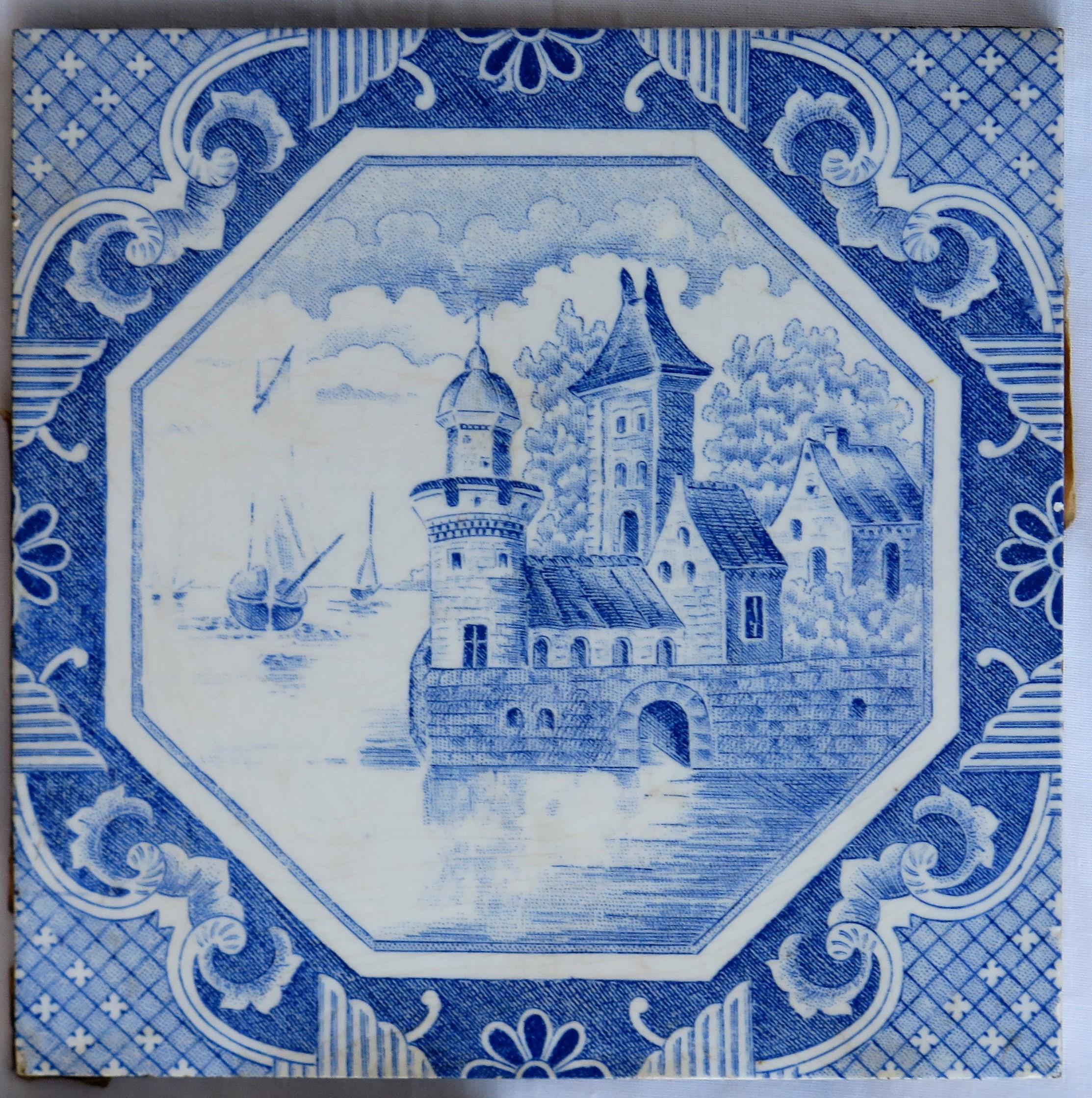 Set of Five Ceramic Wall Tiles Delft Style Blue and White Pattern, circa 1920s 3