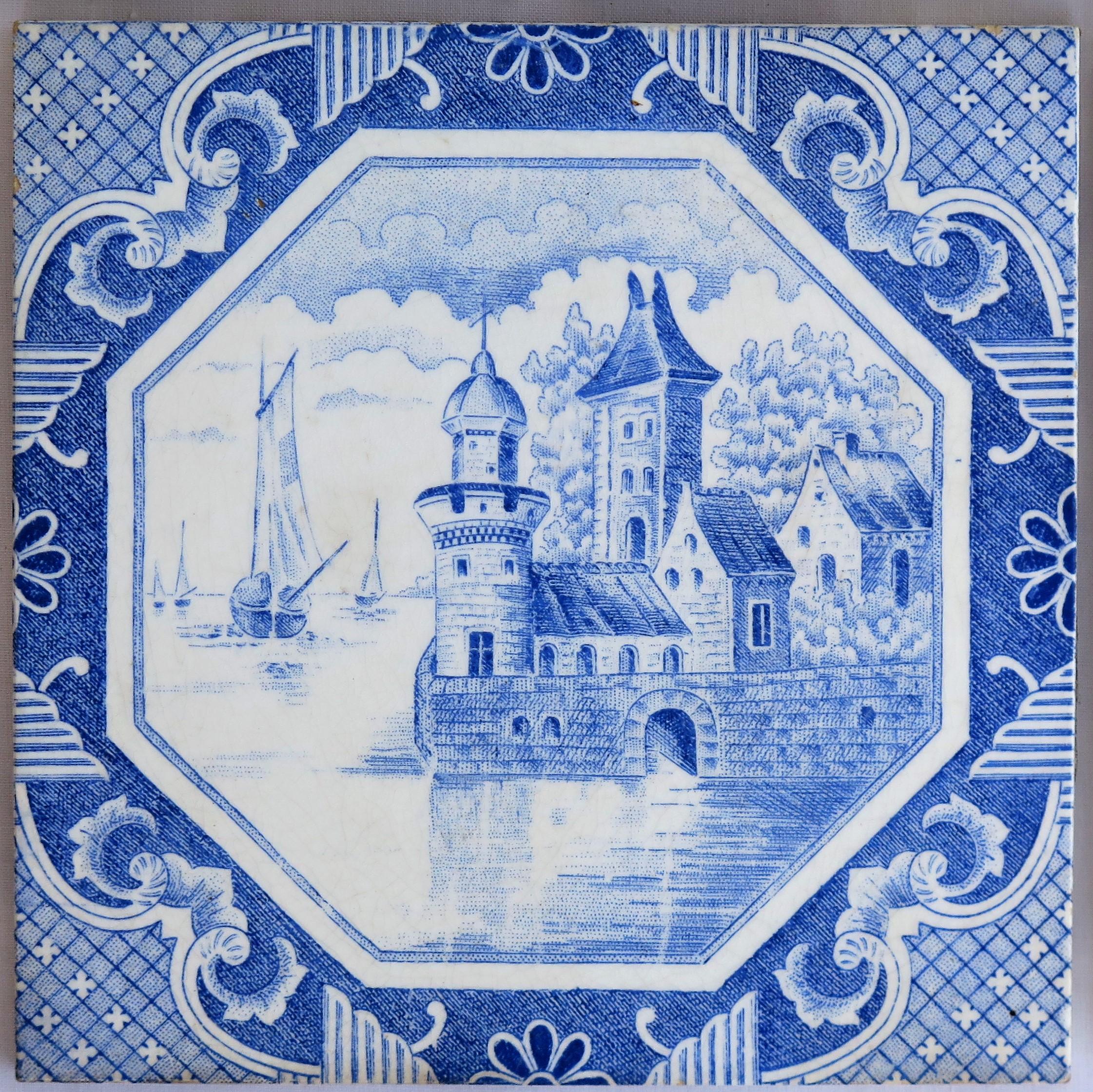 Set of Five Ceramic Wall Tiles Delft Style Blue and White Pattern, circa 1920s 4