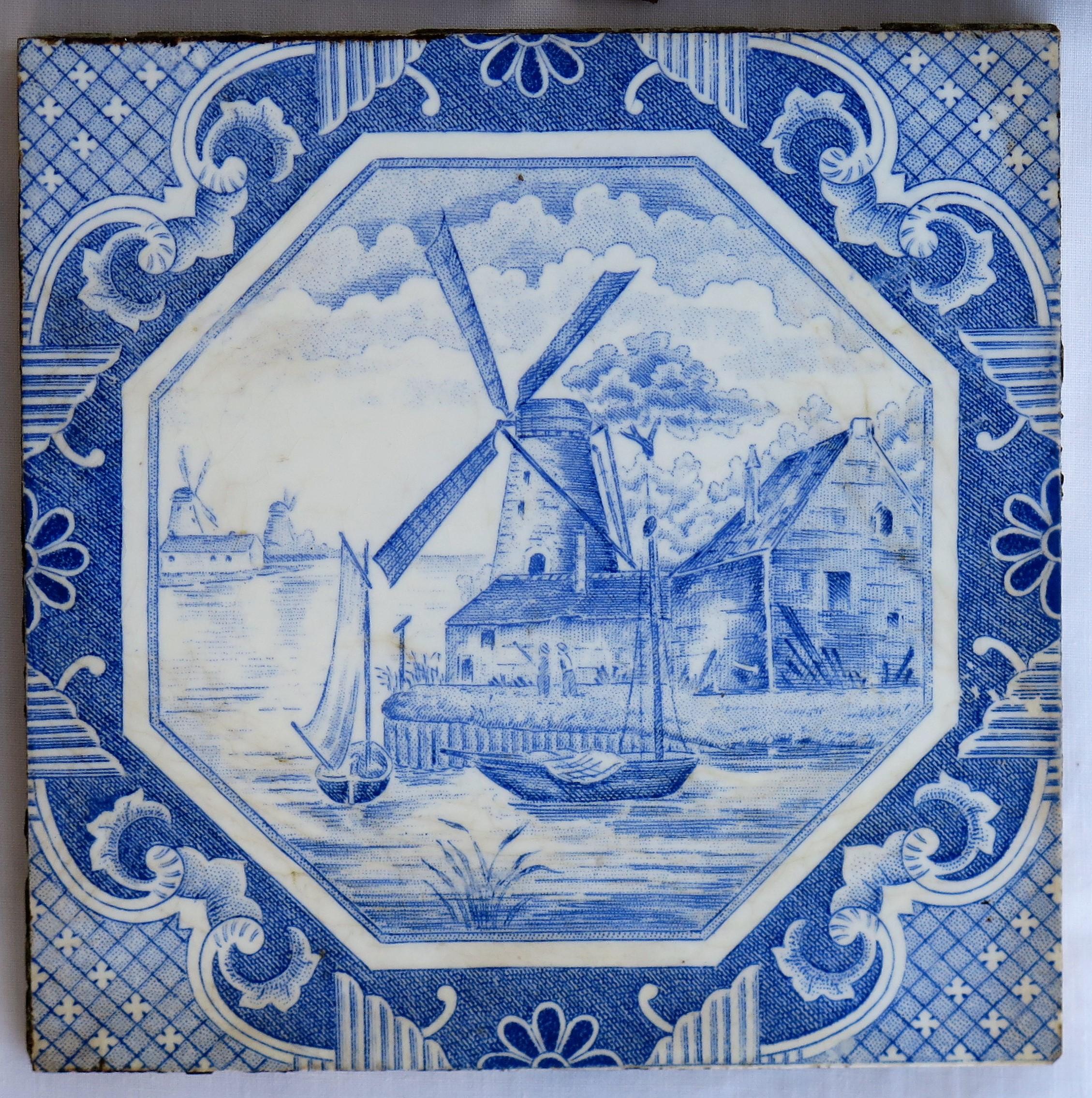 Set of Five Ceramic Wall Tiles Delft Style Blue and White Pattern, circa 1920s 5