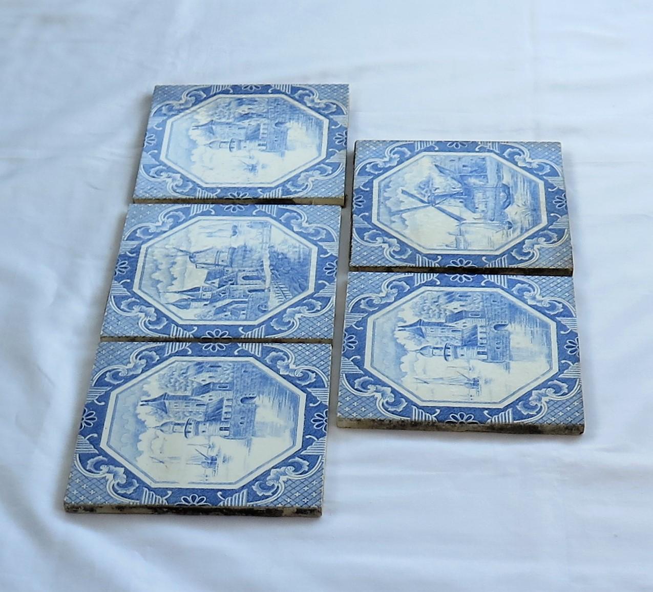 Dutch Colonial Set of Five Ceramic Wall Tiles Delft Style Blue and White Pattern, circa 1920s