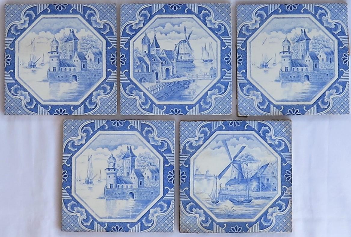 Belgian Set of Five Ceramic Wall Tiles Delft Style Blue and White Pattern, circa 1920s
