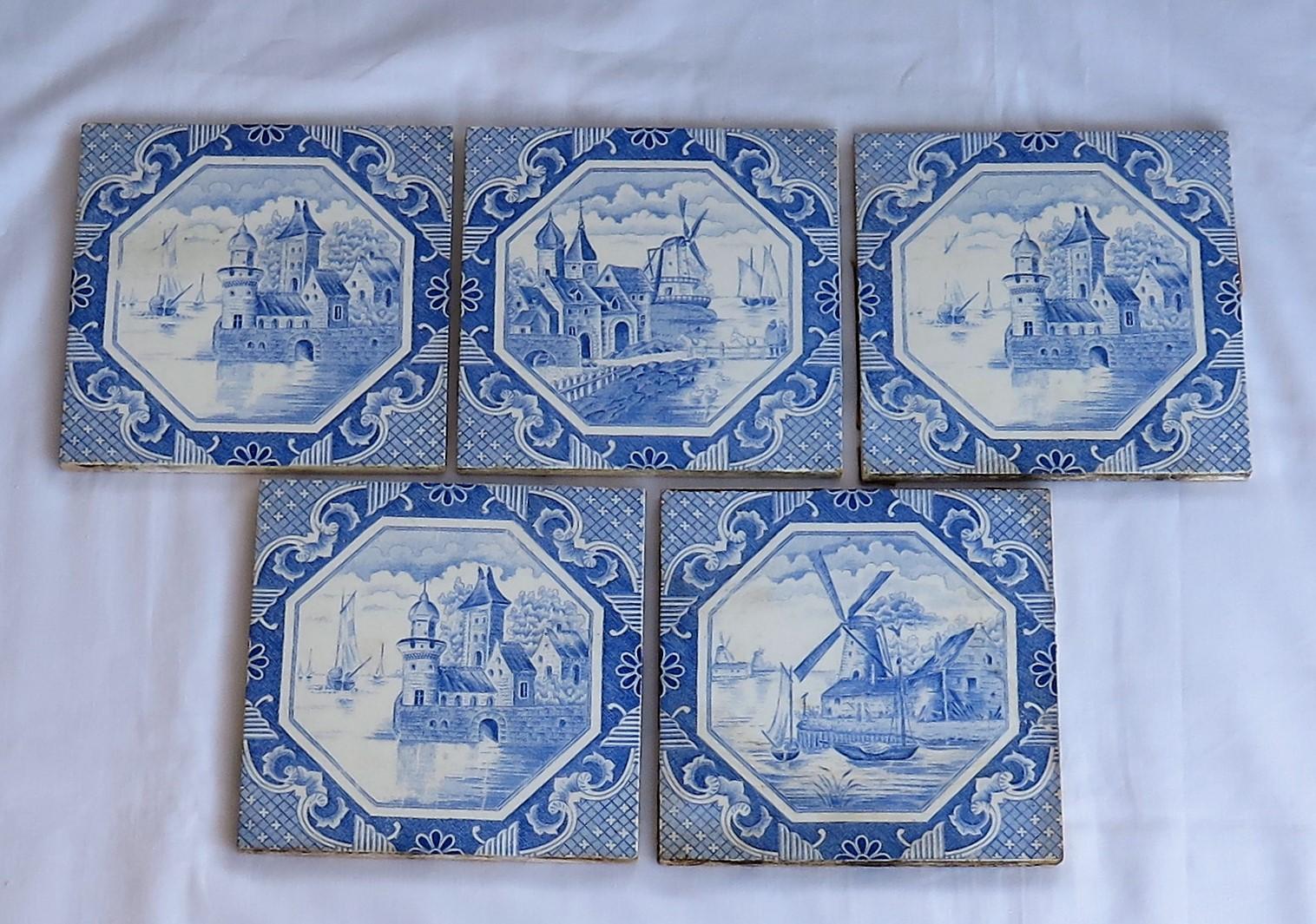 Glazed Set of Five Ceramic Wall Tiles Delft Style Blue and White Pattern, circa 1920s