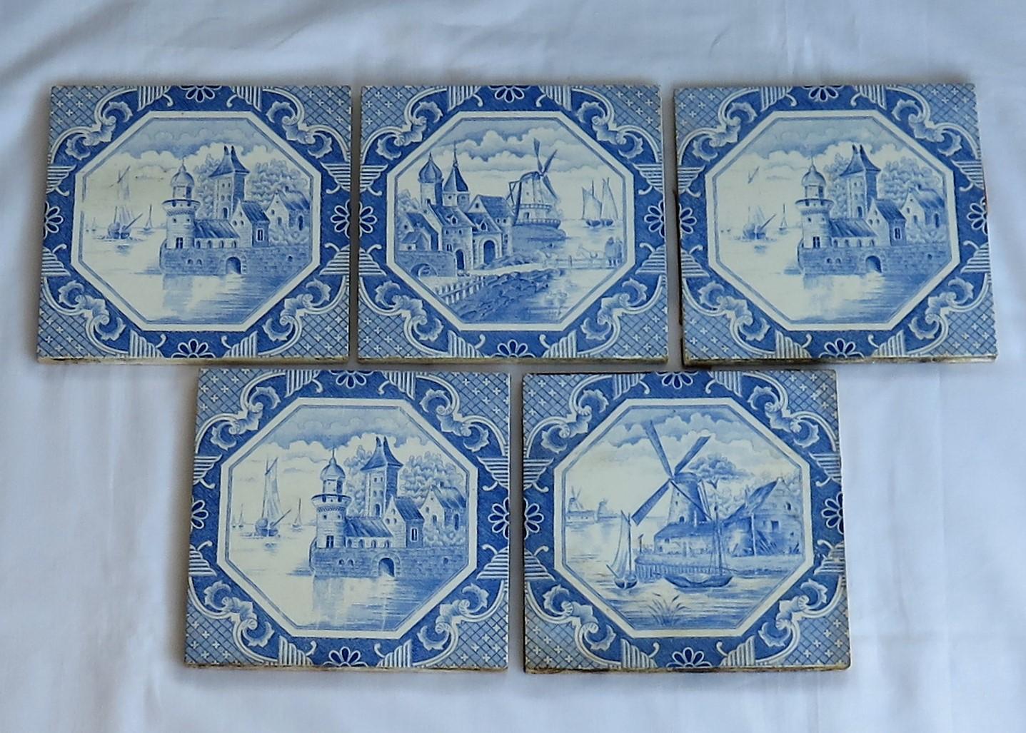 Set of Five Ceramic Wall Tiles Delft Style Blue and White Pattern, circa 1920s In Good Condition In Lincoln, Lincolnshire