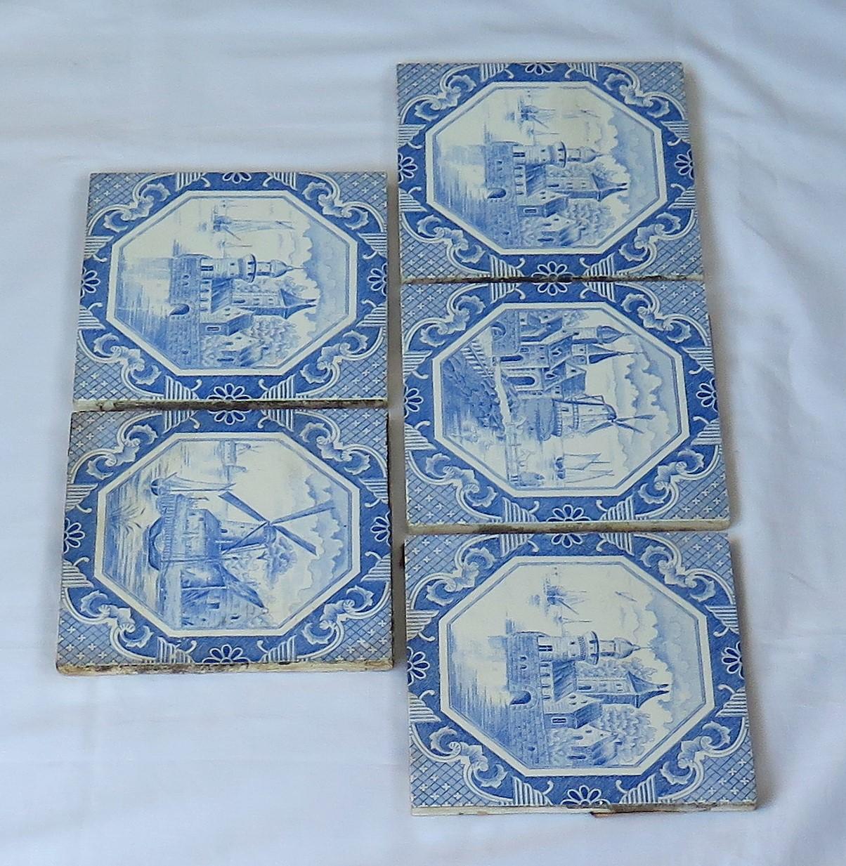 20th Century Set of Five Ceramic Wall Tiles Delft Style Blue and White Pattern, circa 1920s
