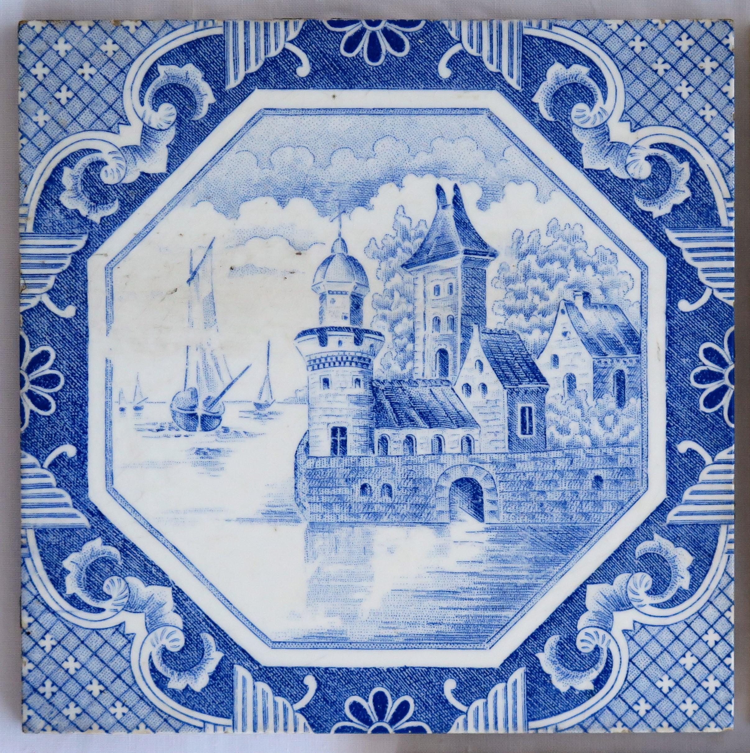 Set of Five Ceramic Wall Tiles Delft Style Blue and White Pattern, circa 1920s 1