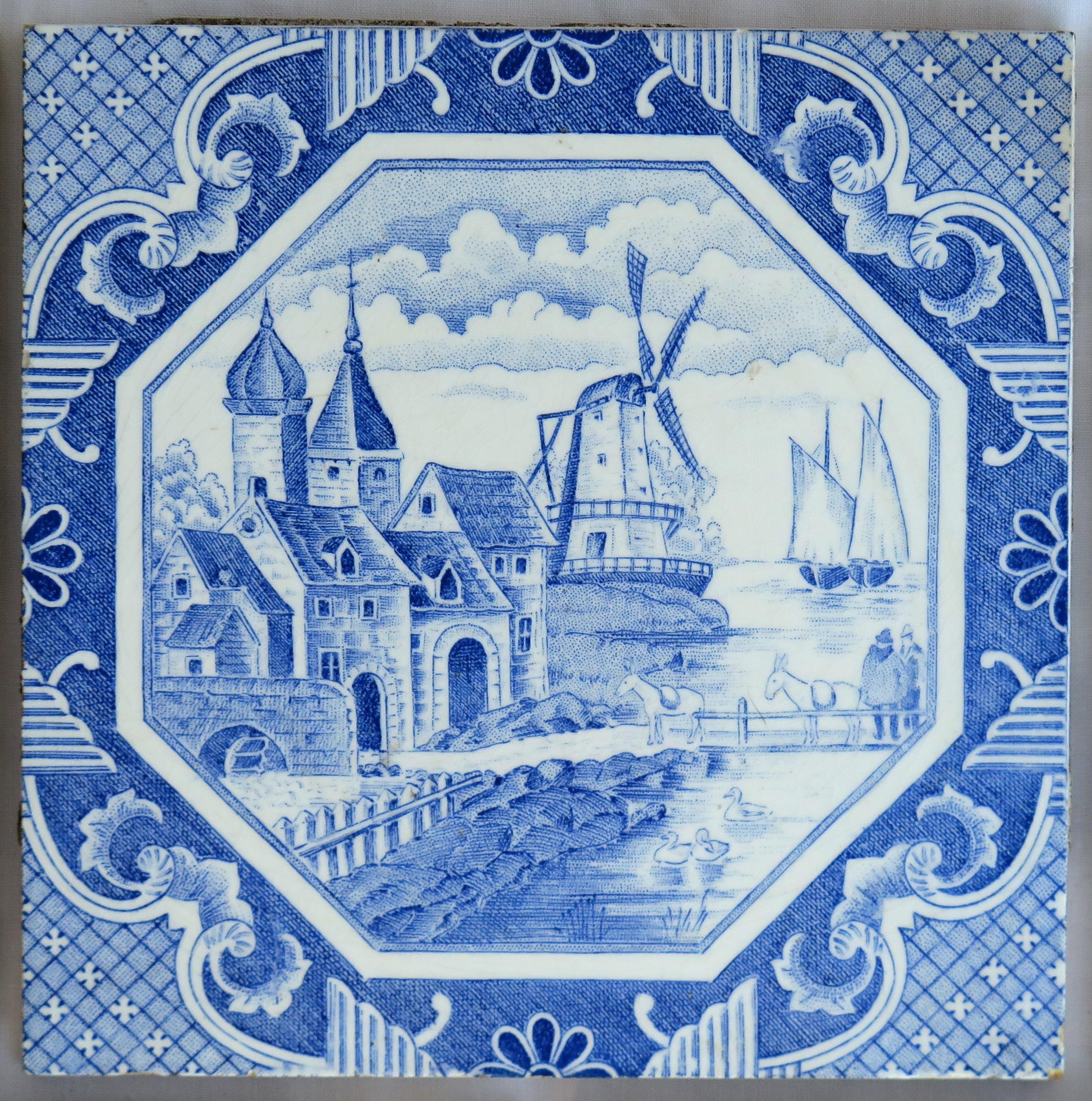 Set of Five Ceramic Wall Tiles Delft Style Blue and White Pattern, circa 1920s 2