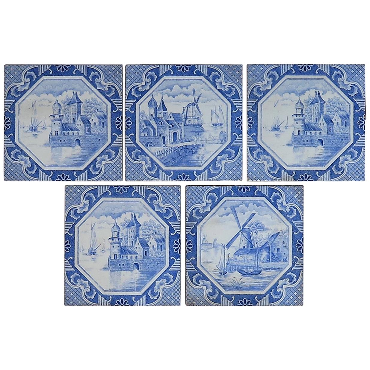 Set of Five Ceramic Wall Tiles Delft Style Blue and White Pattern, circa 1920s