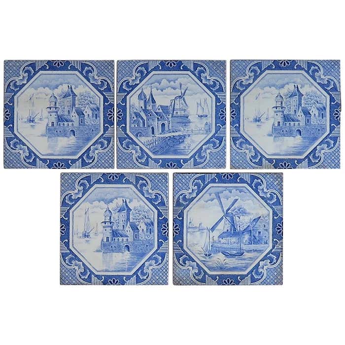Set of Five Ceramic Wall Tiles Delft Style Blue and White Pattern ...