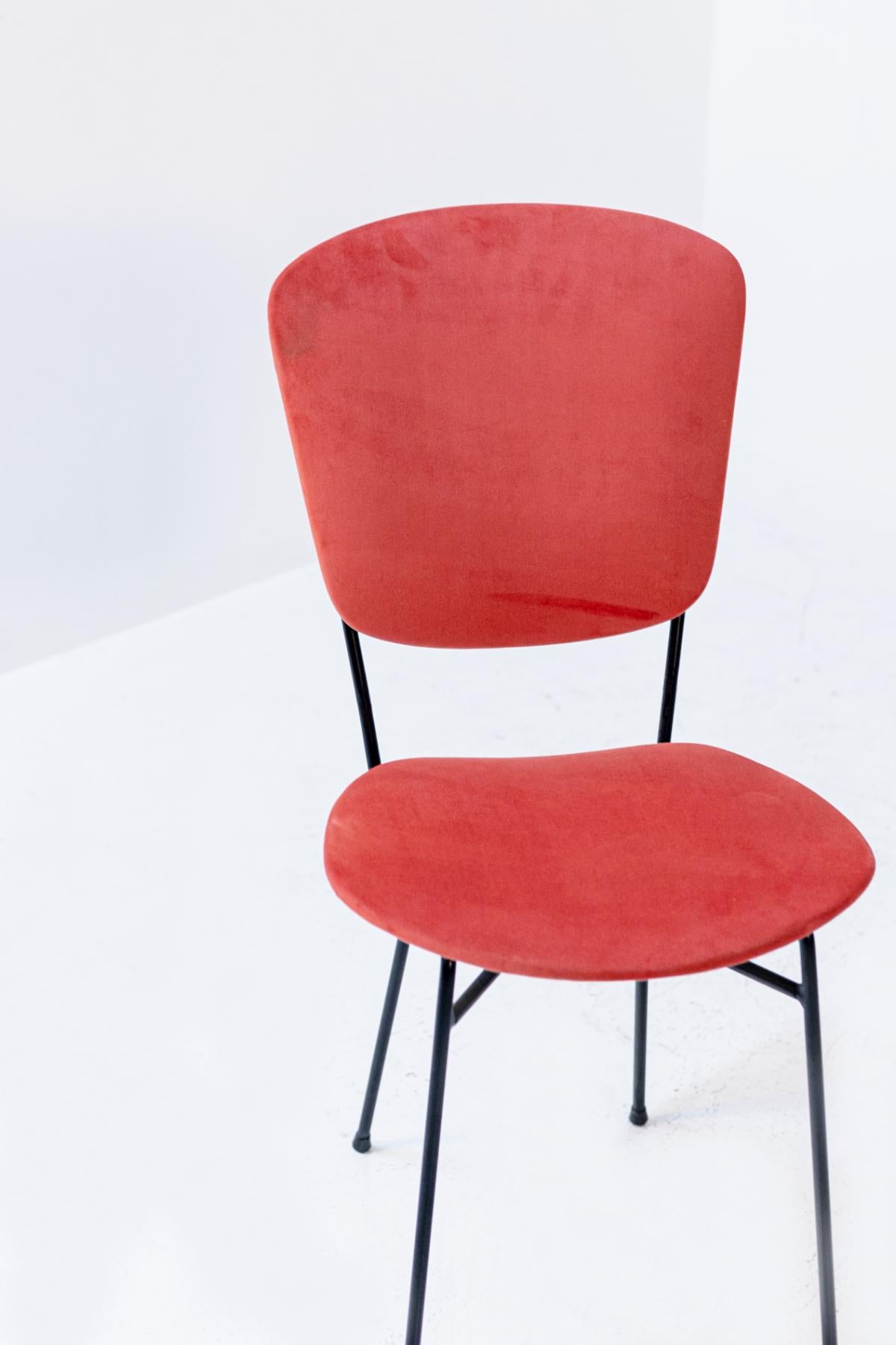 Set of Five Chairs Produced by Doro Cuneo in Iron and Red Cotton 4