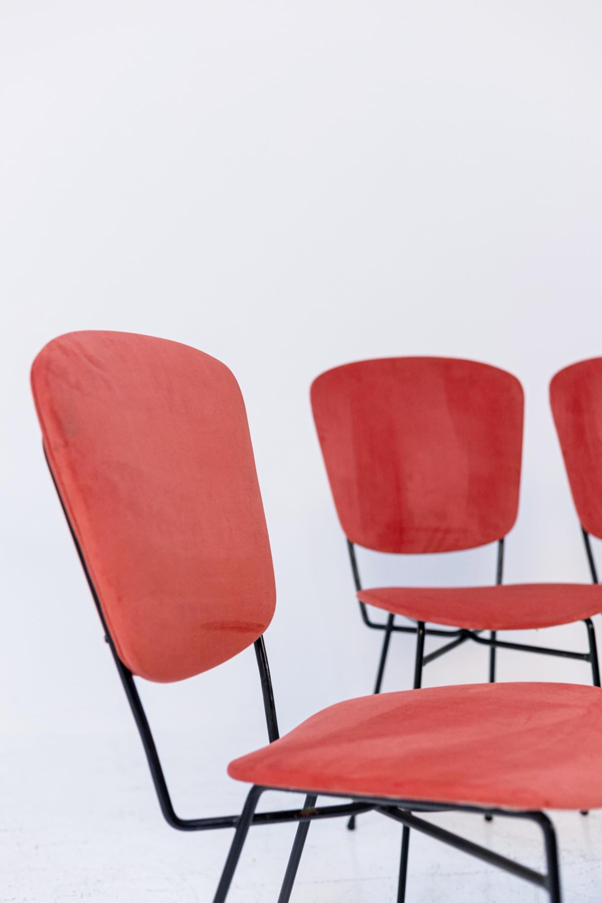 Set of Five Chairs Produced by Doro Cuneo in Iron and Red Cotton In Good Condition In Milano, IT