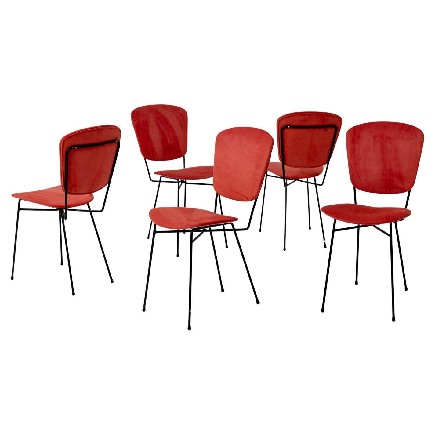 Set of Five Chairs Produced by Doro Cuneo in Iron and Red Cotton
