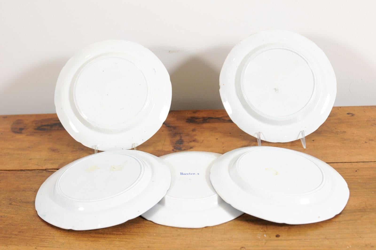 Five English 19th Century Blue and White Porcelain Plates with Floral Pattern 7