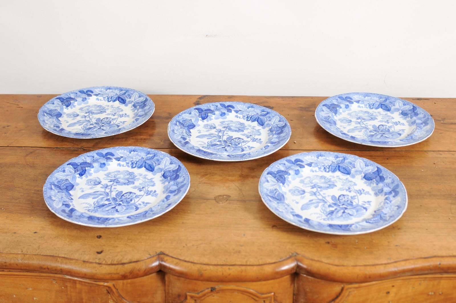 Five English 19th Century Blue and White Porcelain Plates with Floral Pattern 8