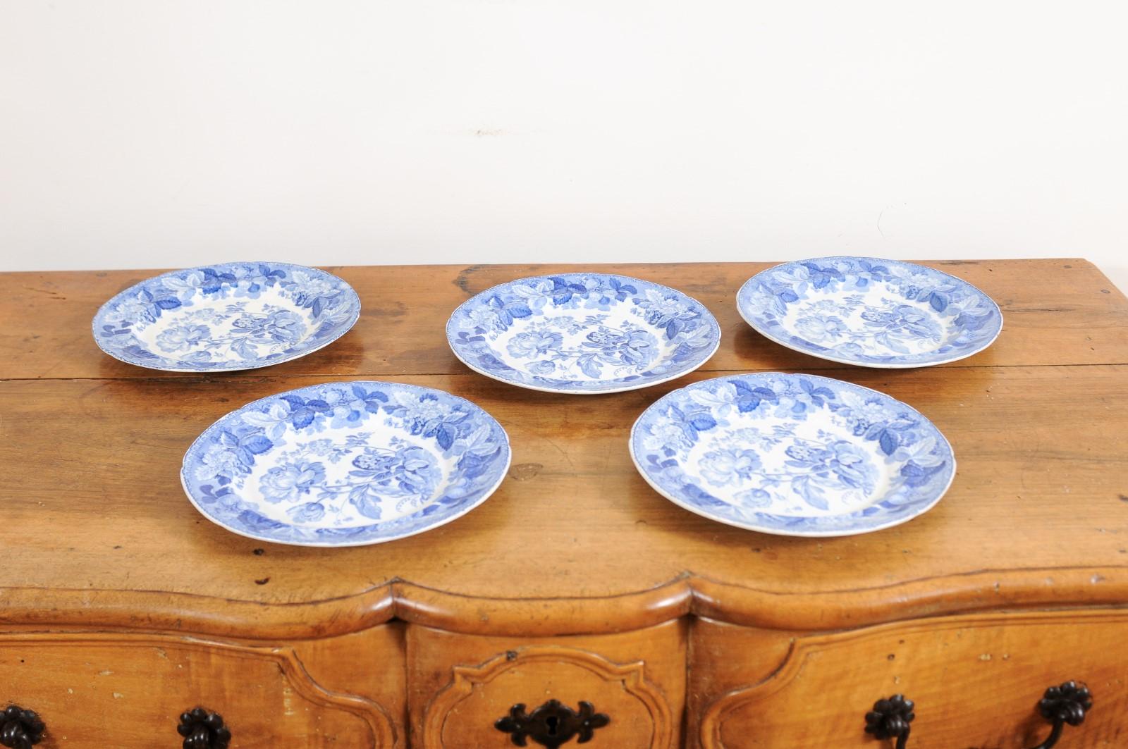 Five English 19th Century Blue and White Porcelain Plates with Floral Pattern 9