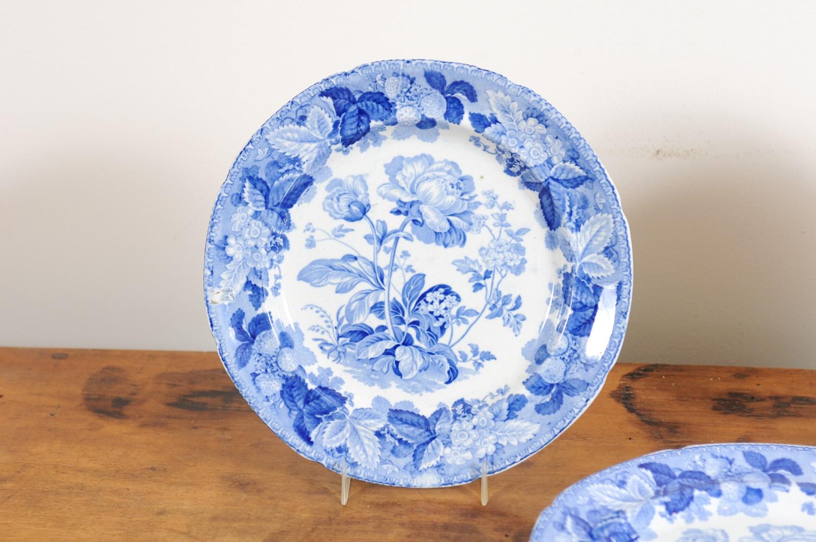 Five English 19th Century Blue and White Porcelain Plates with Floral Pattern 2