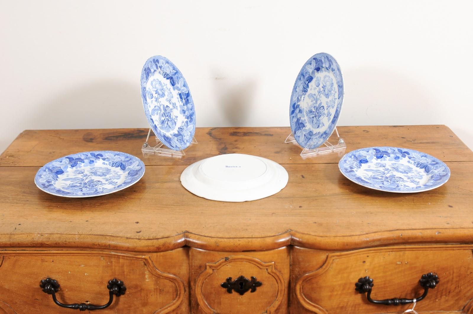 Five English 19th Century Blue and White Porcelain Plates with Floral Pattern 5