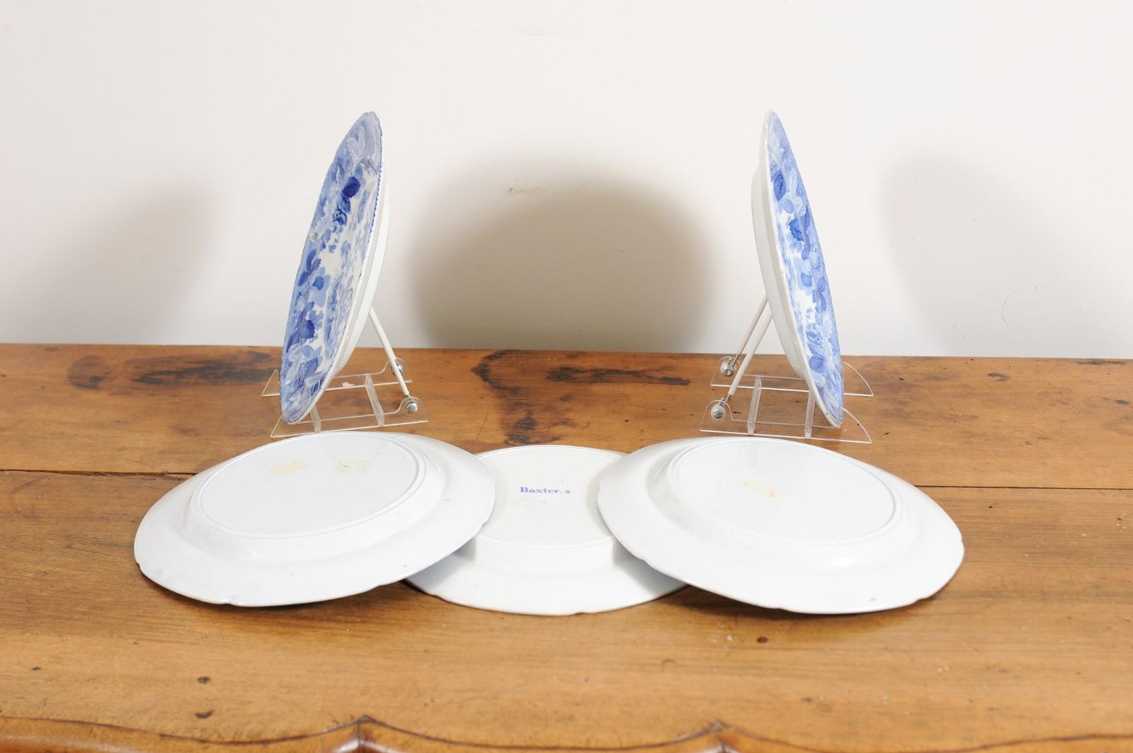 Five English 19th Century Blue and White Porcelain Plates with Floral Pattern 6