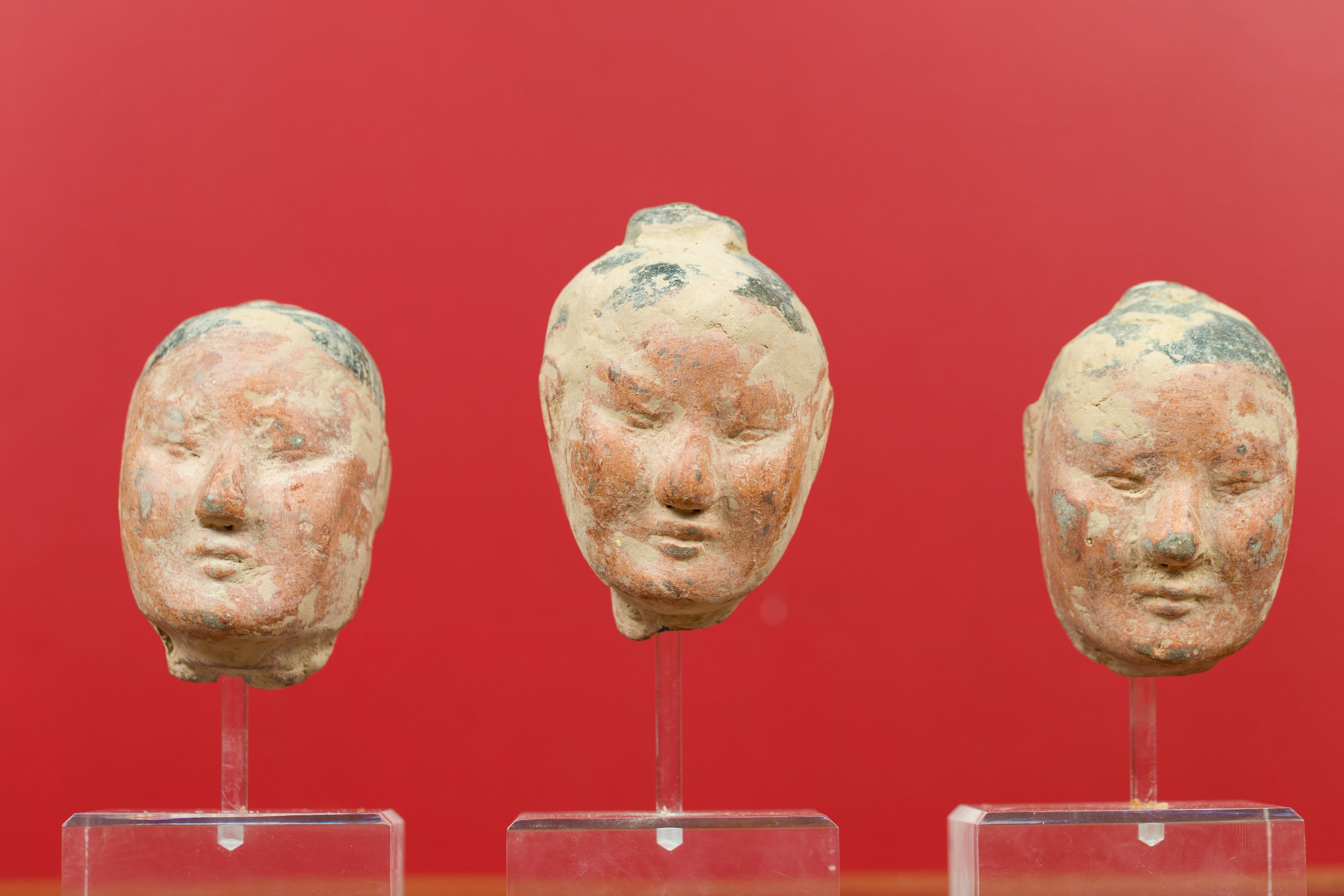 Set of Five Chinese Han Dynasty Terracotta Heads with Original Paint on Lucite 4