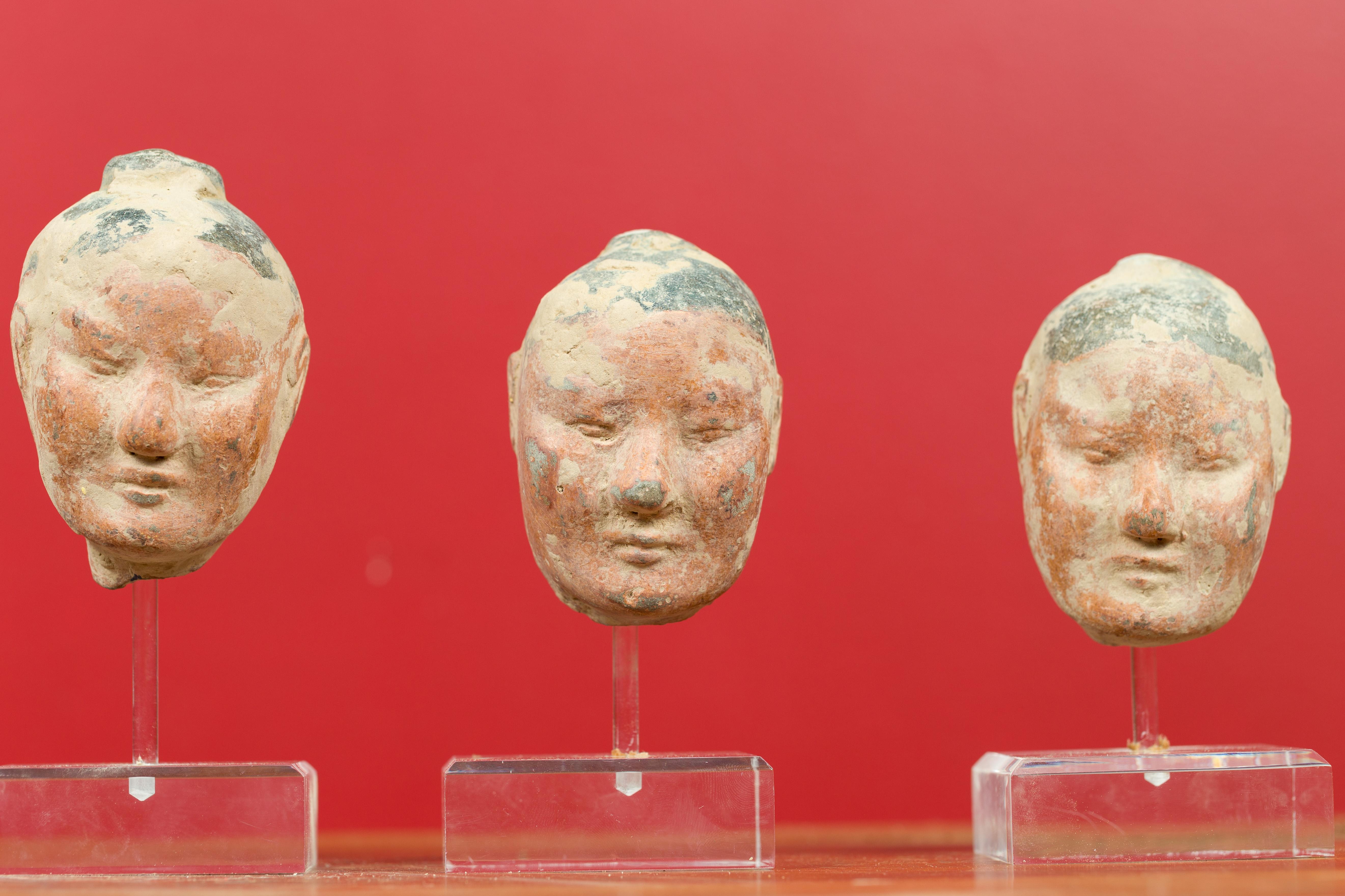 Set of Five Chinese Han Dynasty Terracotta Heads with Original Paint on Lucite 5