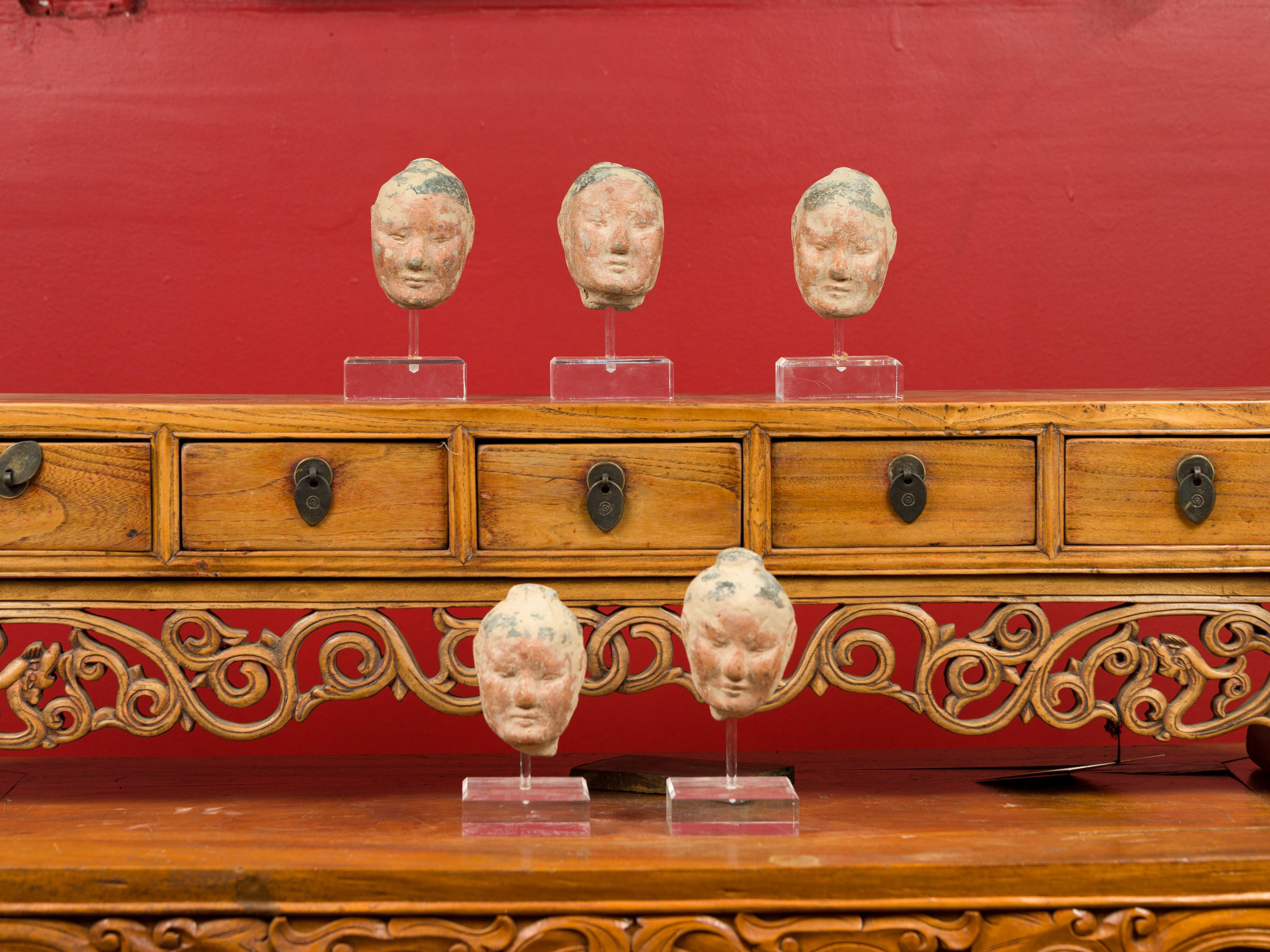 Set of Five Chinese Han Dynasty Terracotta Heads with Original Paint on Lucite 7