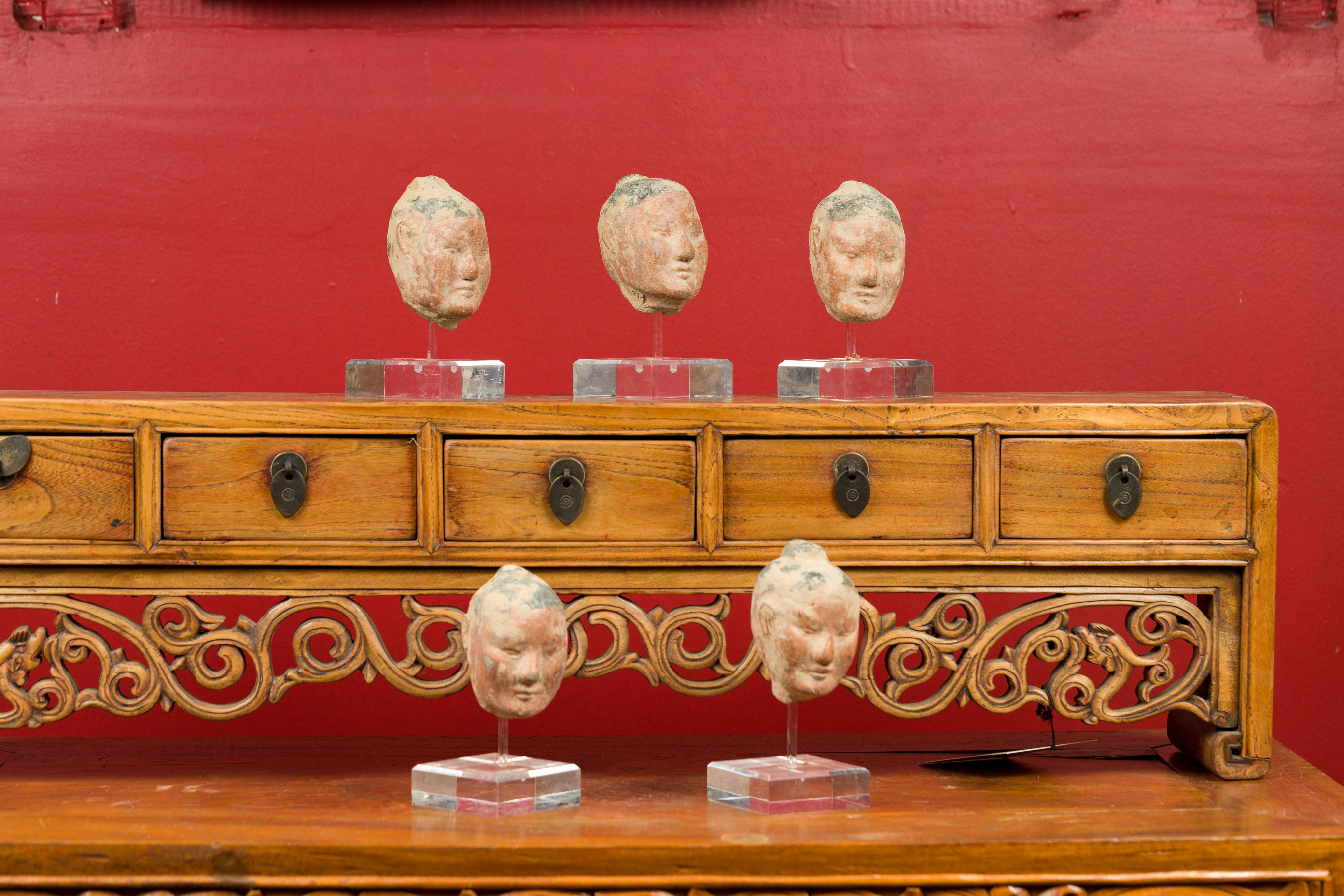 Set of Five Chinese Han Dynasty Terracotta Heads with Original Paint on Lucite 8