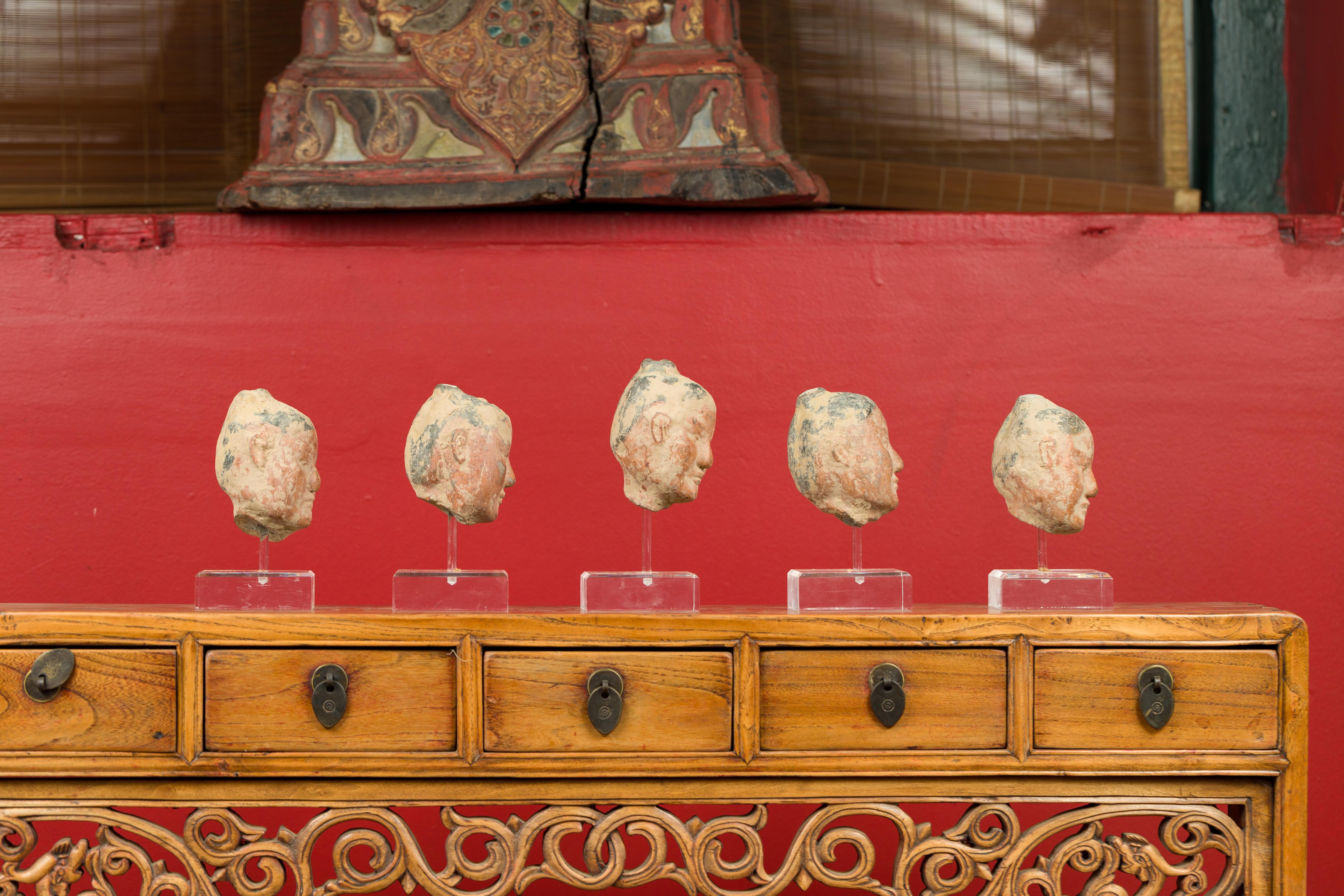 Set of Five Chinese Han Dynasty Terracotta Heads with Original Paint on Lucite 9