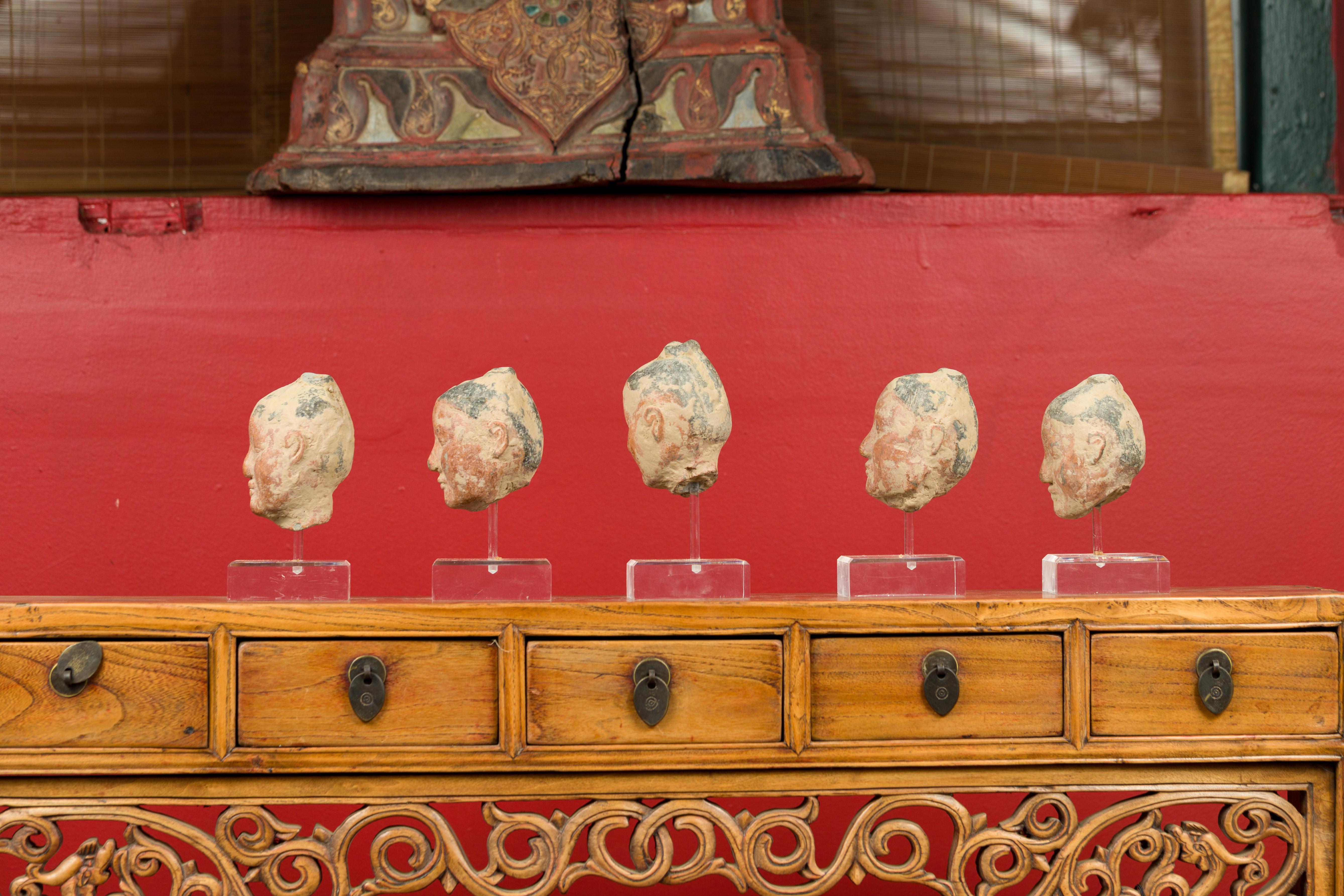 Set of Five Chinese Han Dynasty Terracotta Heads with Original Paint on Lucite 11