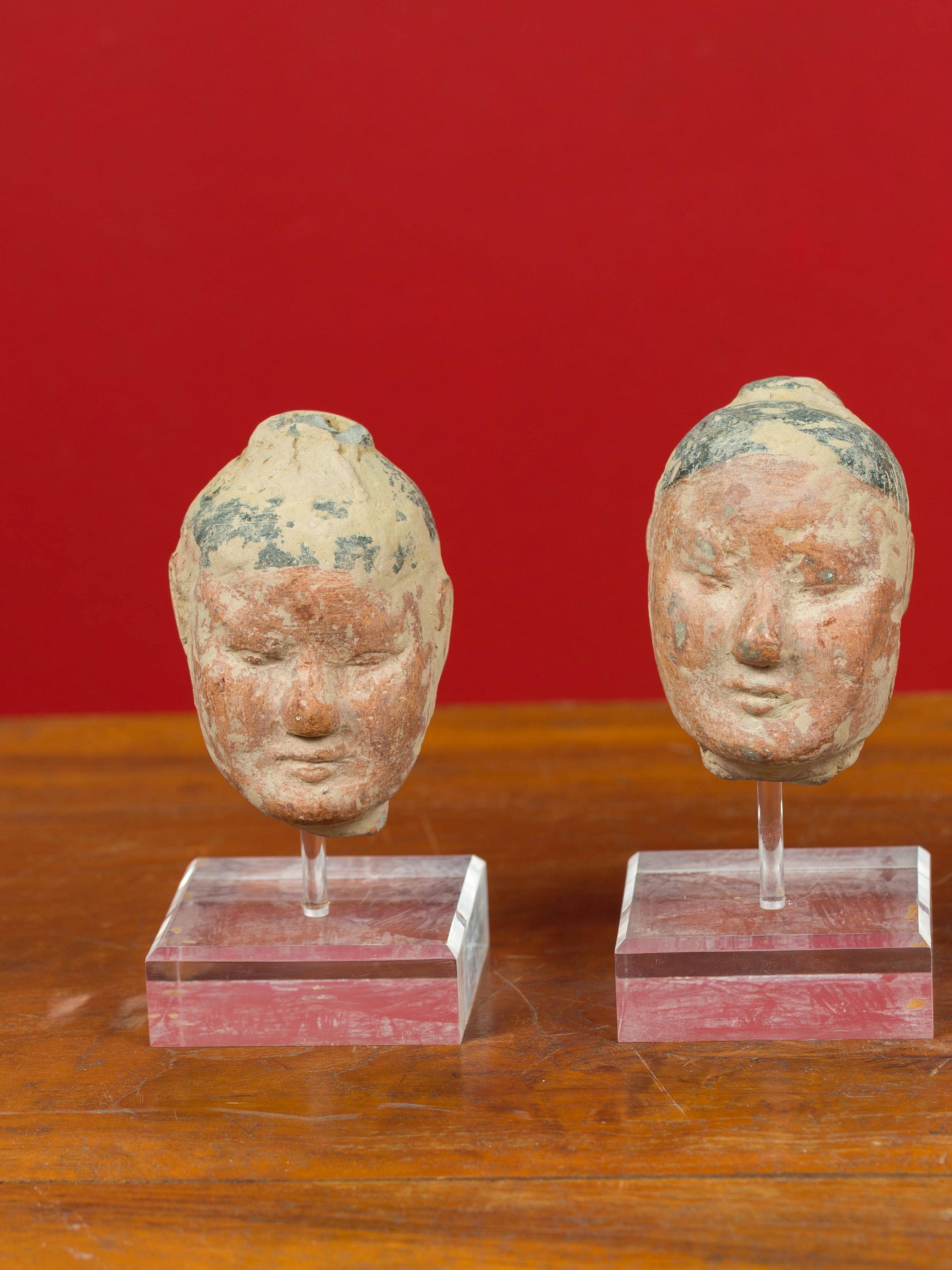 Painted Set of Five Chinese Han Dynasty Terracotta Heads with Original Paint on Lucite