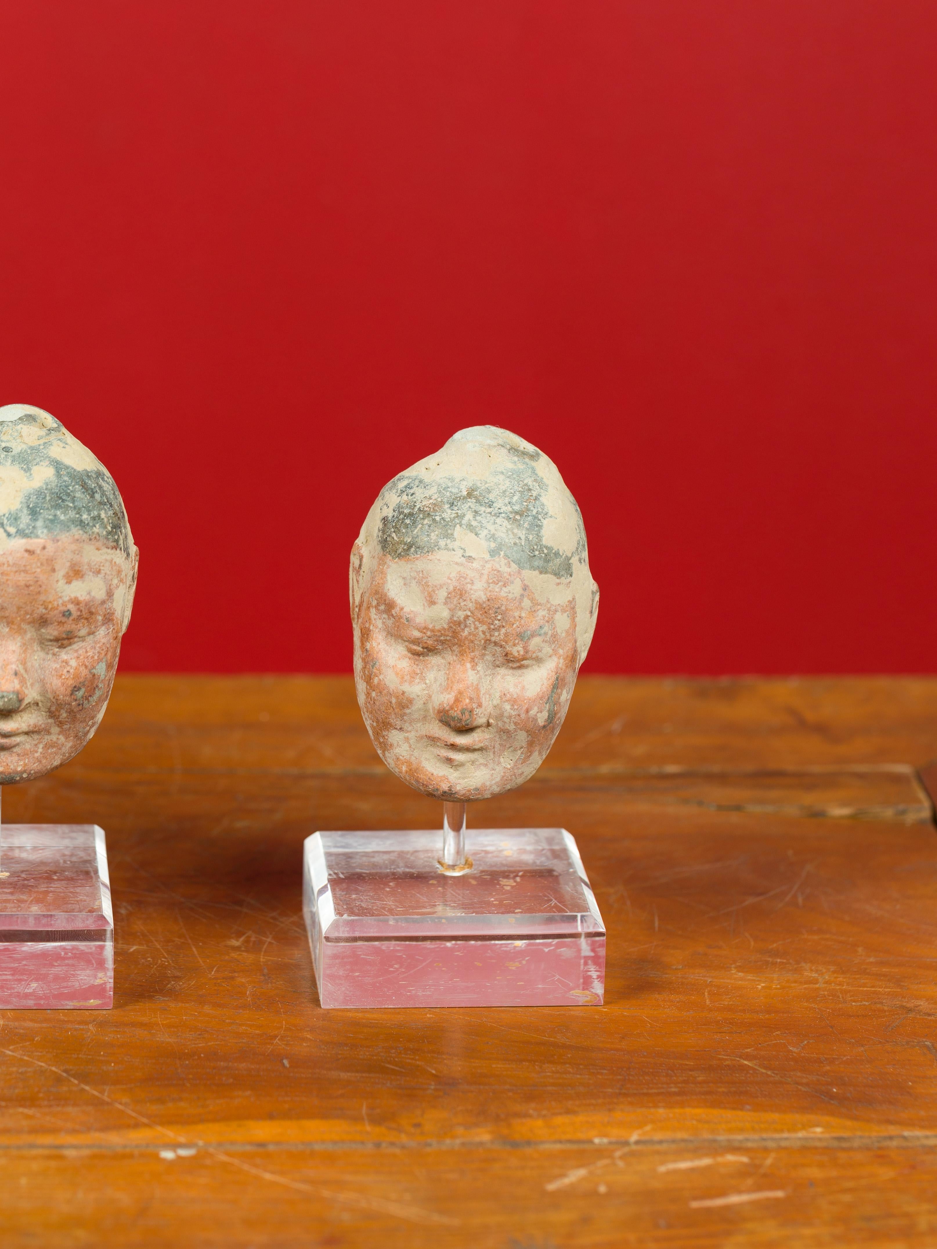 Set of Five Chinese Han Dynasty Terracotta Heads with Original Paint on Lucite 2