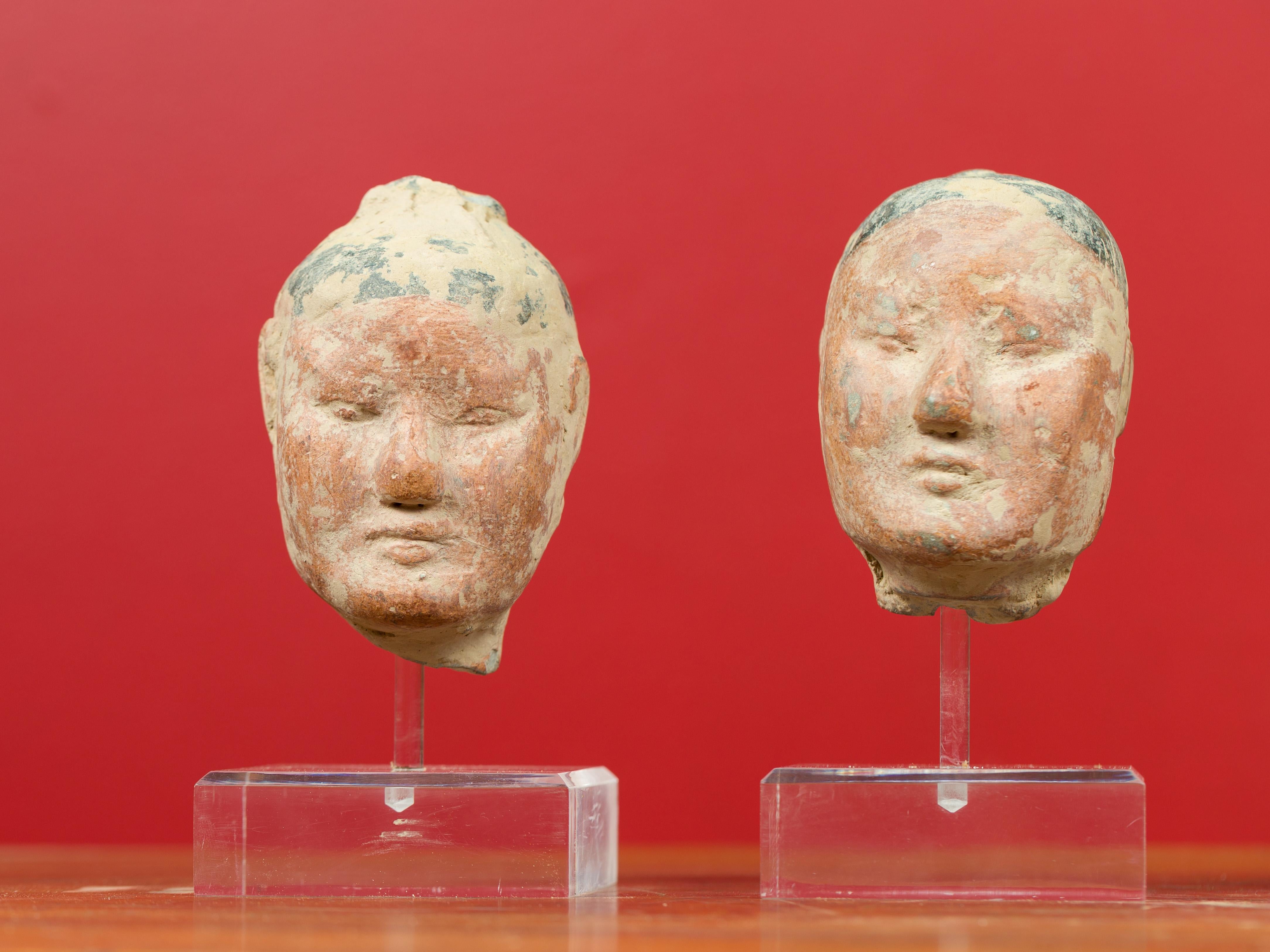 Set of Five Chinese Han Dynasty Terracotta Heads with Original Paint on Lucite 3