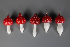 Set of Five Christmas Tree Ornaments Red and White Glass Mushrooms, 1970s