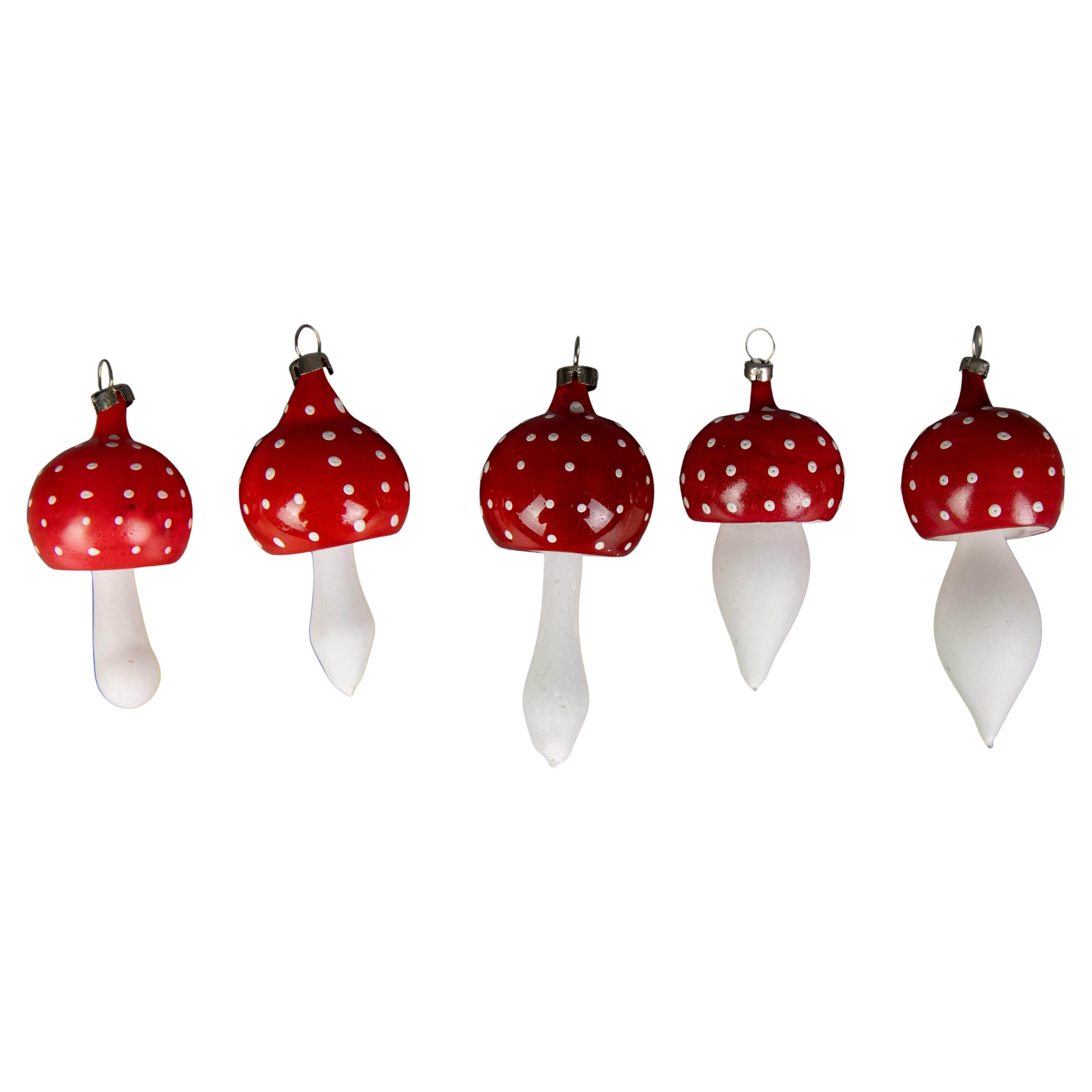 Set of Five Christmas Tree Ornaments Red and White Glass Mushrooms, 1970s