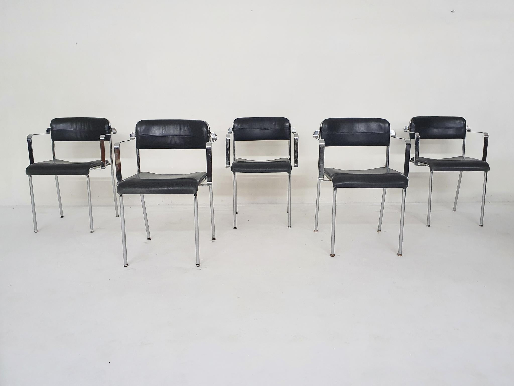 Scandinavian Modern Set of five chrome and leather dining chairs by Aryform, Sweden 1970's For Sale