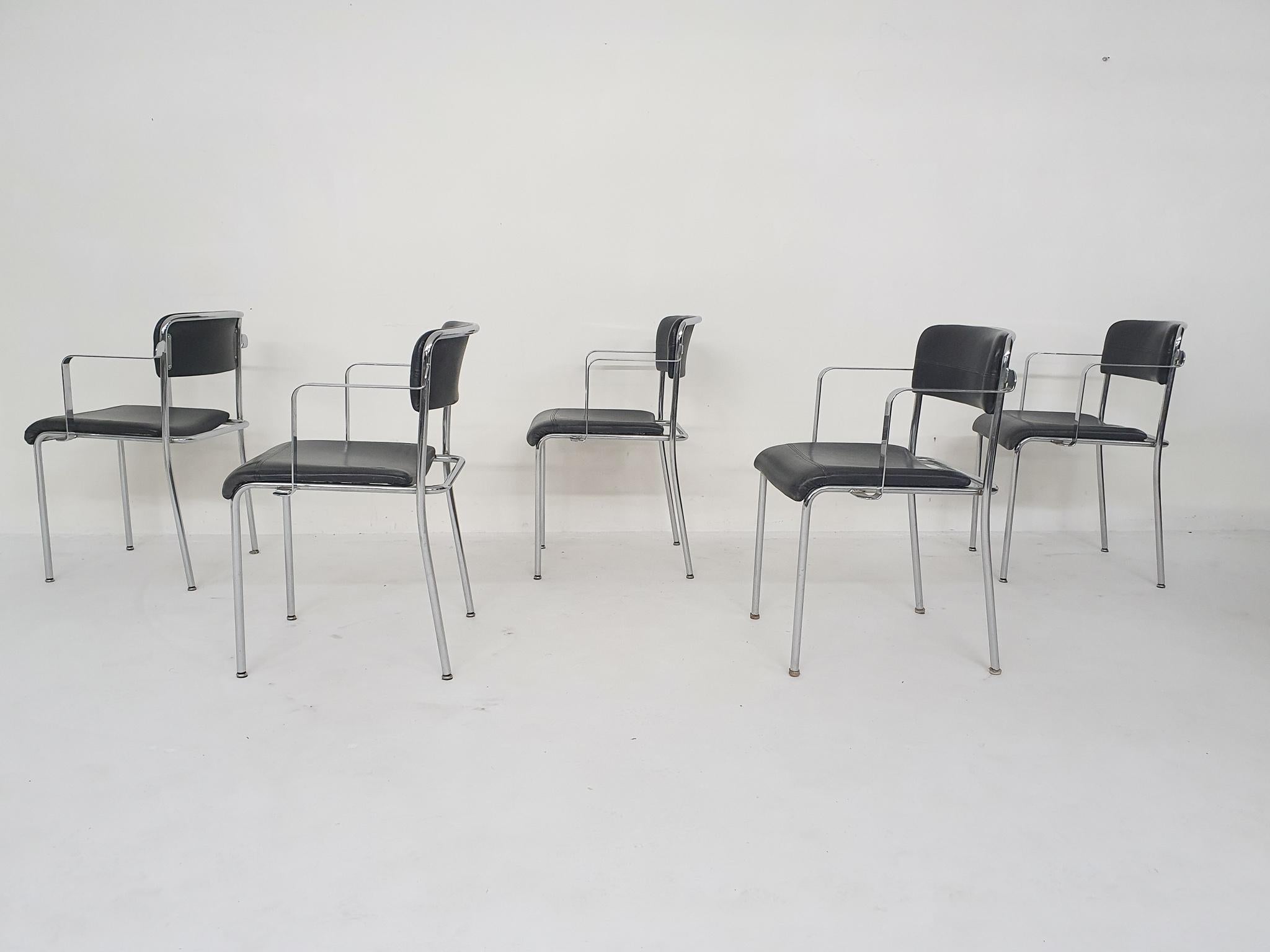 Swedish Set of five chrome and leather dining chairs by Aryform, Sweden 1970's For Sale