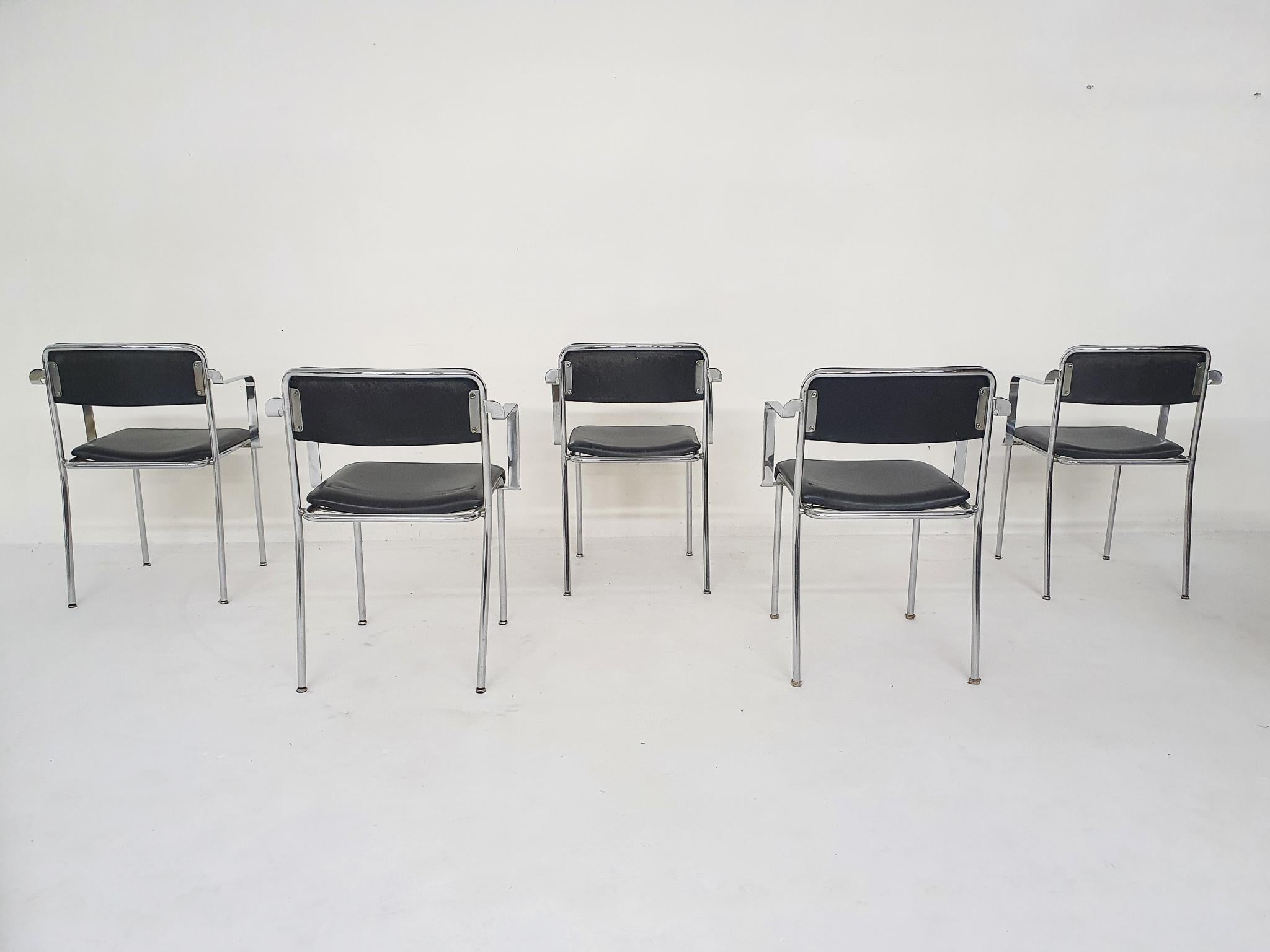 Set of five chrome and leather dining chairs by Aryform, Sweden 1970's In Good Condition For Sale In Amsterdam, NL