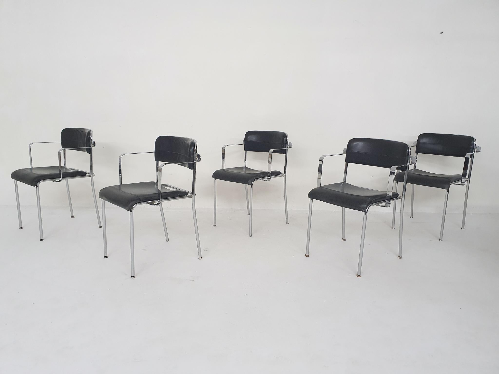 20th Century Set of five chrome and leather dining chairs by Aryform, Sweden 1970's For Sale