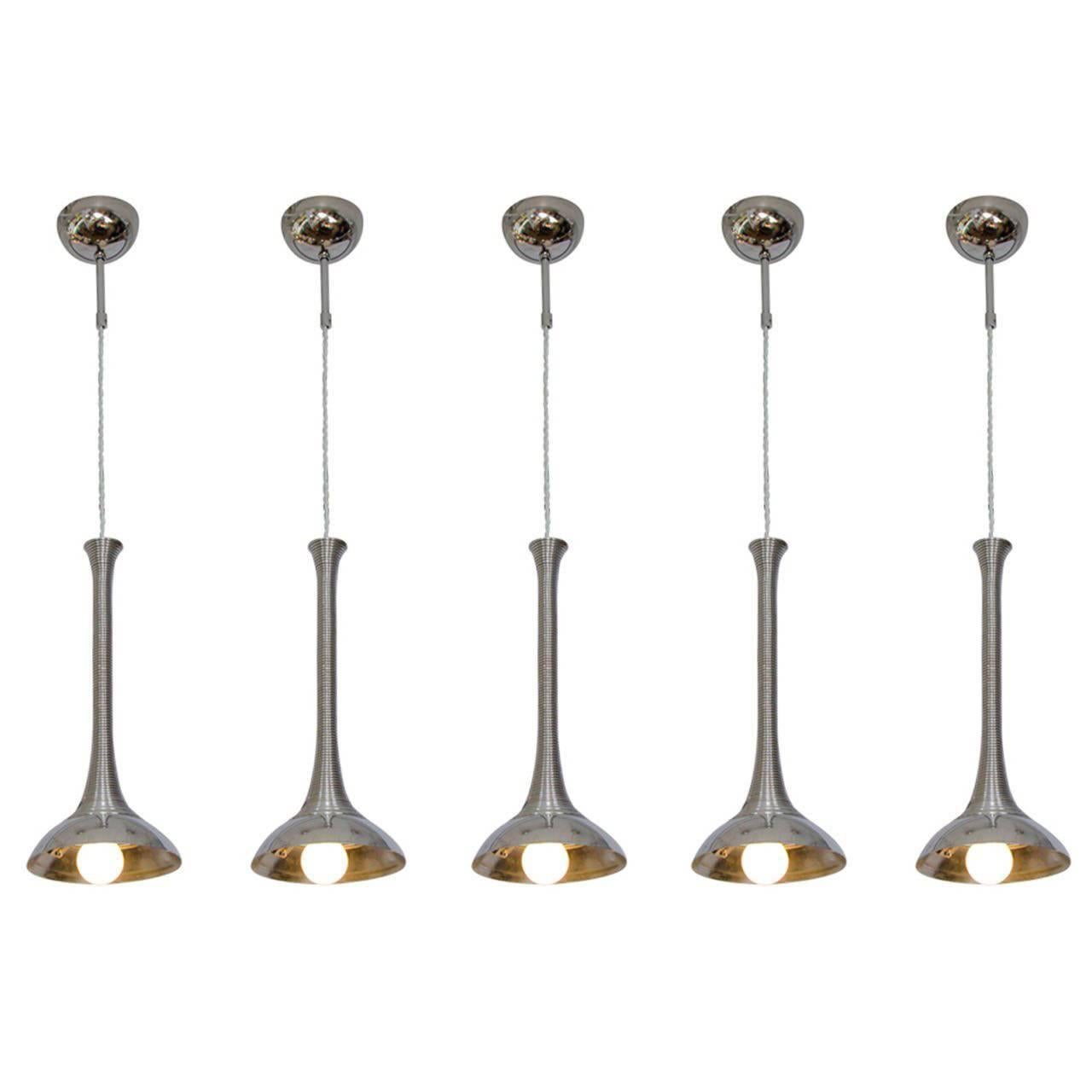 Set of Five Chrome Suspension Spiral Lamps Attributed to Angelo Mangiarotti