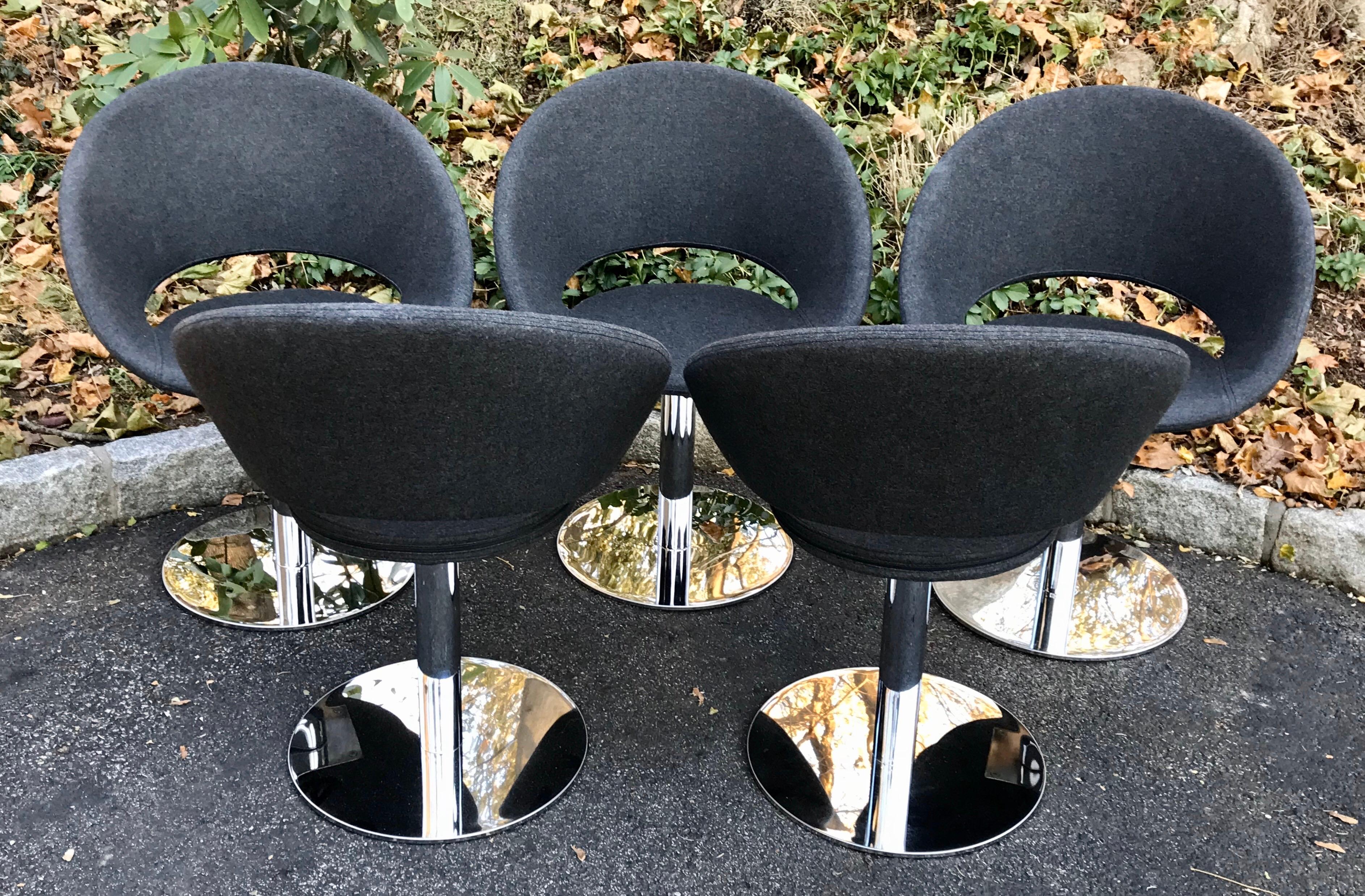 Italian Chrome Swivel Base Dining Chairs, B&B Italia Style, Charcoal Gray Fabric In Good Condition In Bedford Hills, NY