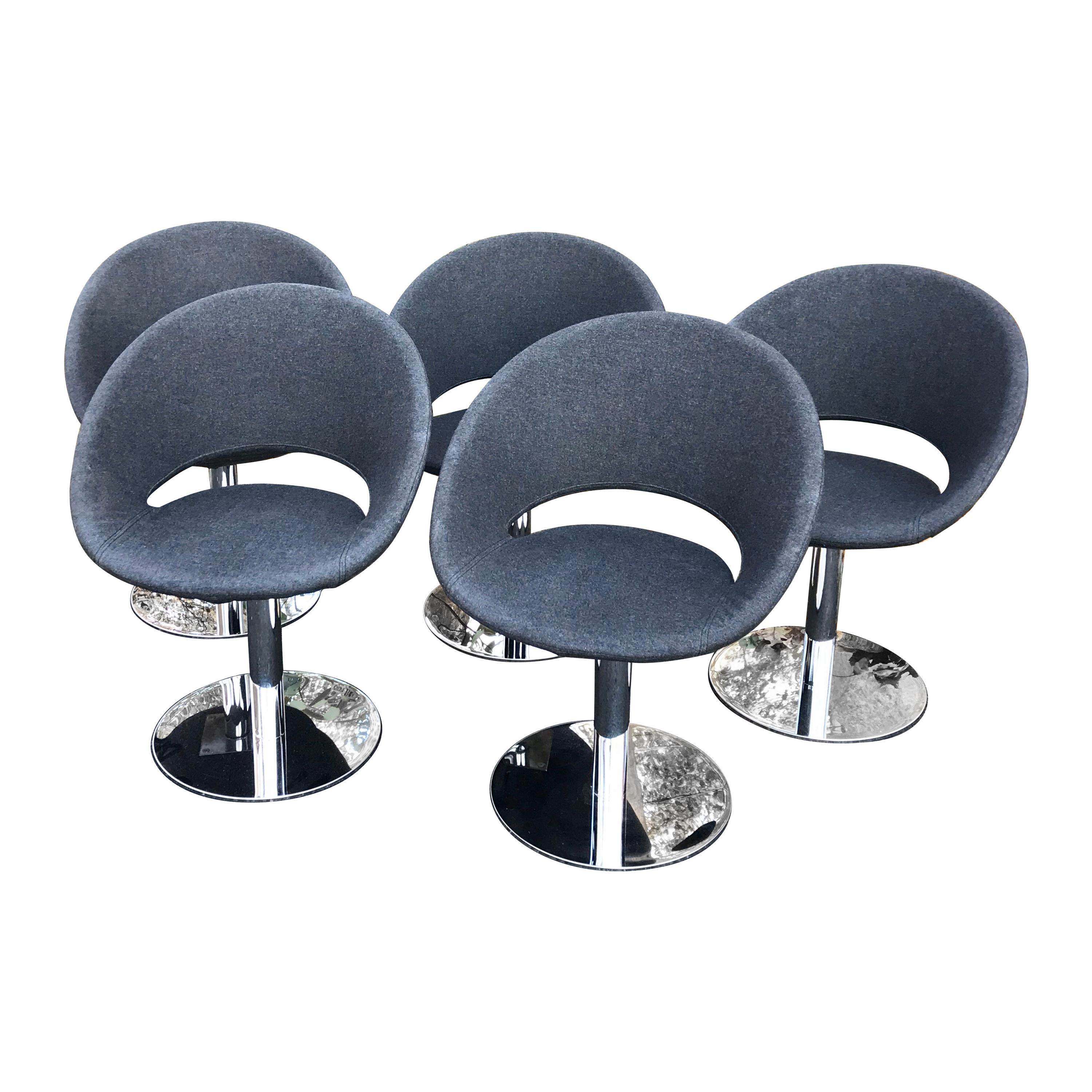 Italian Chrome Swivel Base Dining Chairs, B&B Italia Style, Charcoal Gray Fabric