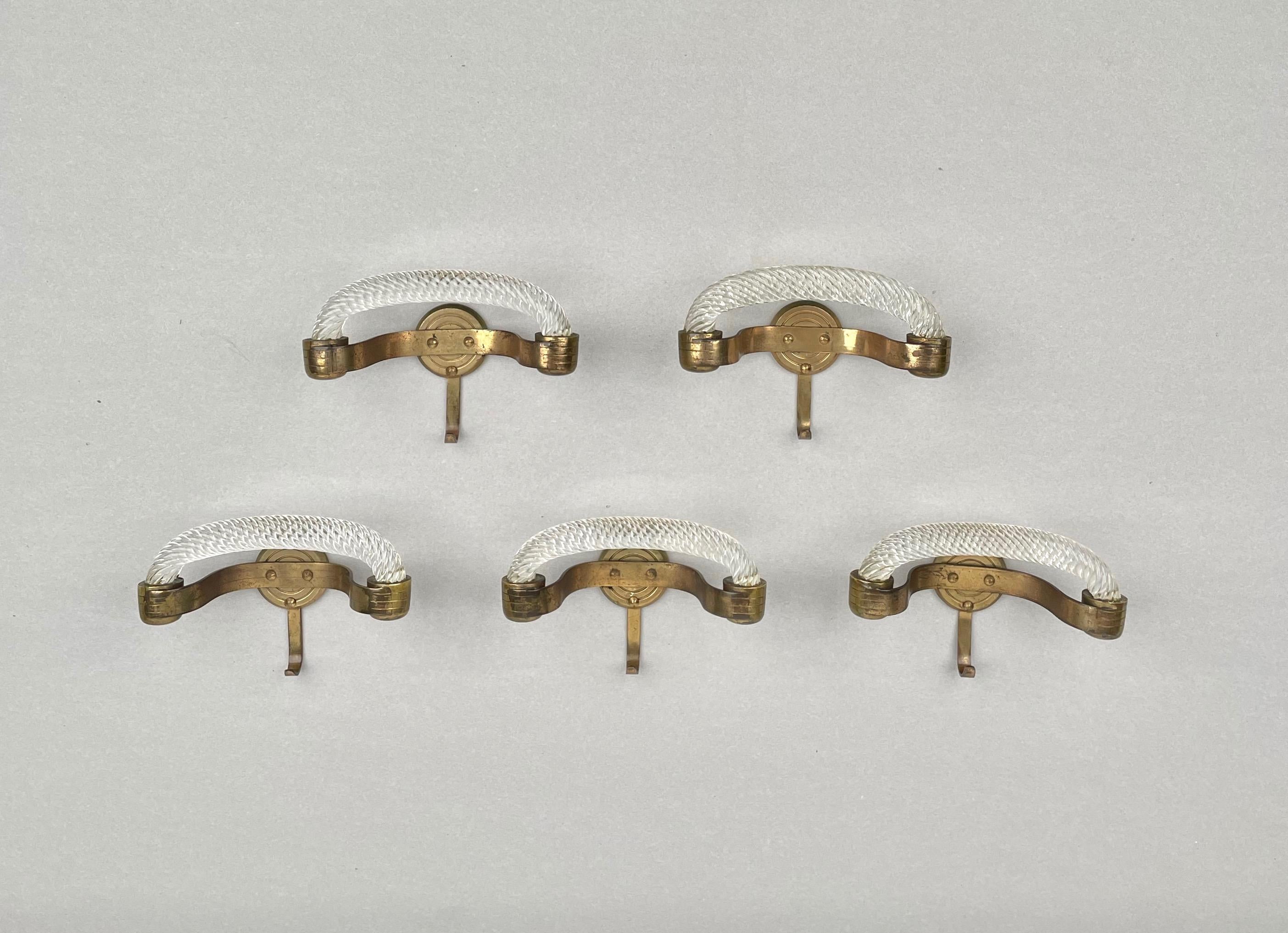 Mid-Century Modern Set of Five Coat Hanger Rack in Murano Glass & Brass by Venini, Italy, 1940s For Sale
