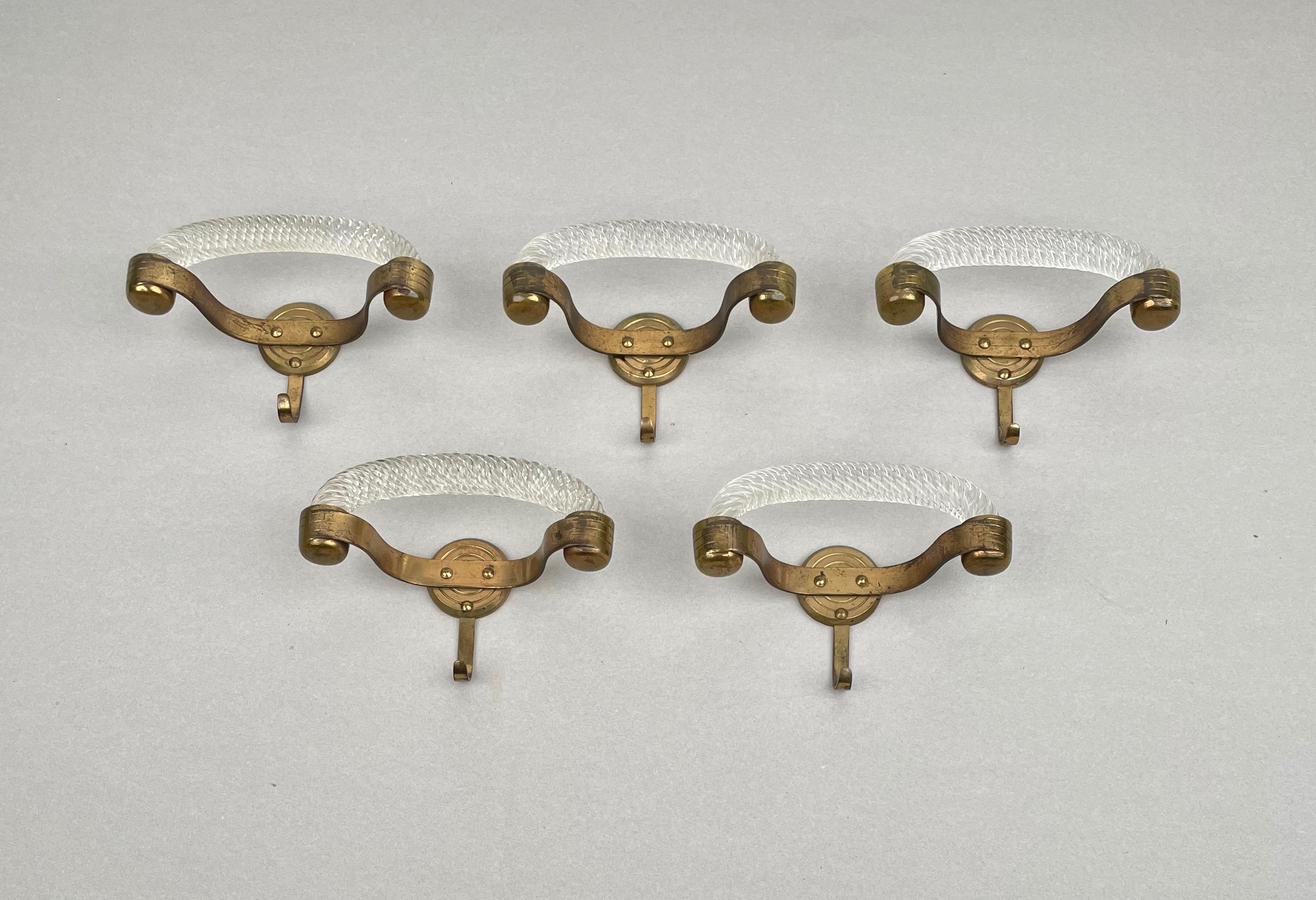 Italian Set of Five Coat Hanger Rack in Murano Glass & Brass by Venini, Italy, 1940s For Sale