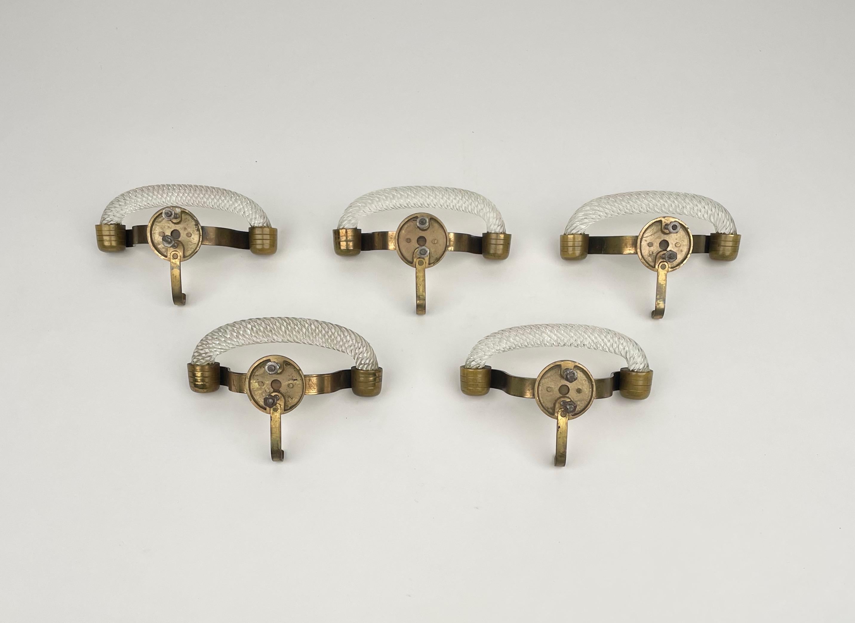 Set of Five Coat Hanger Rack in Murano Glass & Brass by Venini, Italy, 1940s For Sale 2