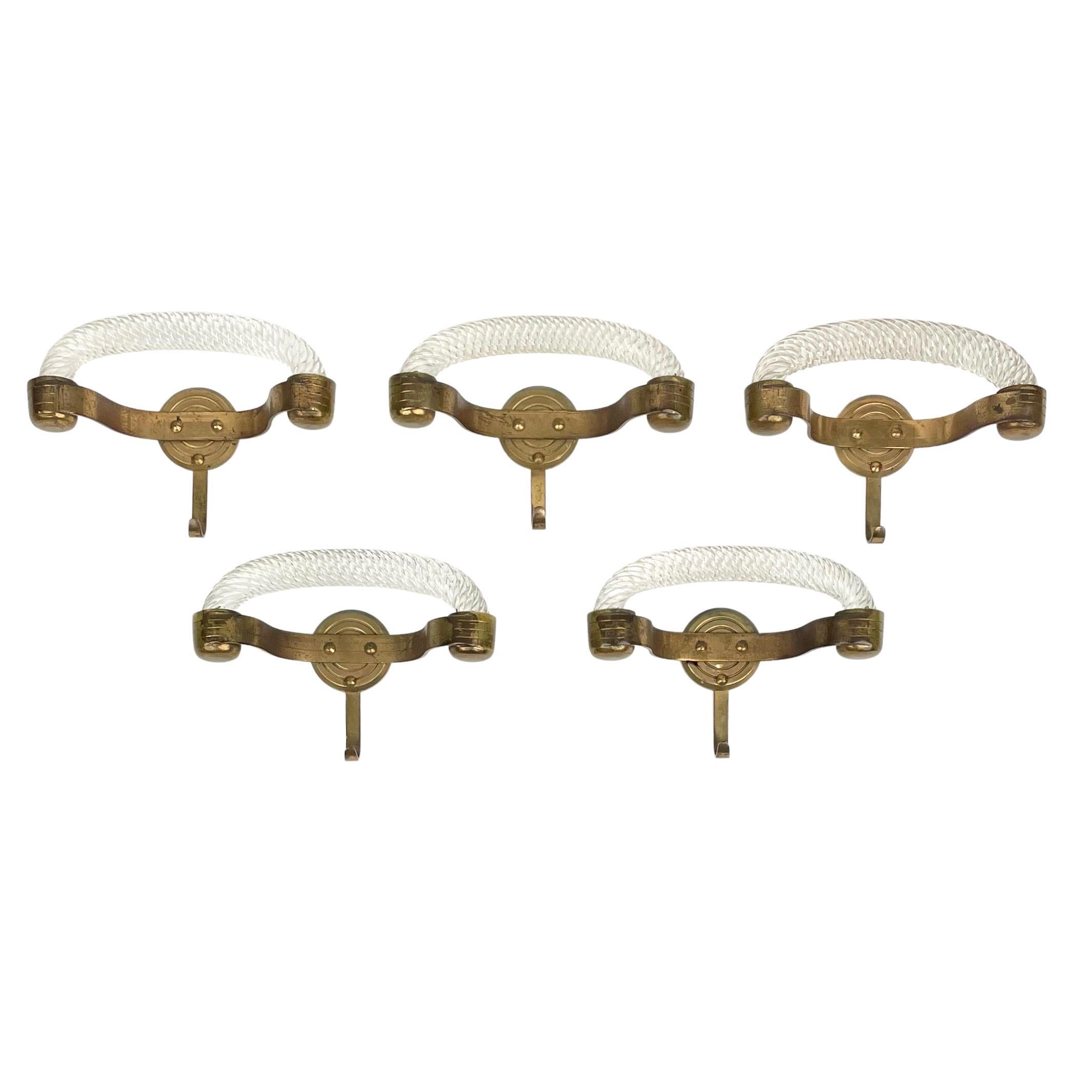 Set of Five Coat Hanger Rack in Murano Glass & Brass by Venini, Italy, 1940s For Sale
