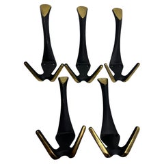 Set of Five Coat Wall Coat Hooks, Black and Brass, Mid-Century Modern, 1950s