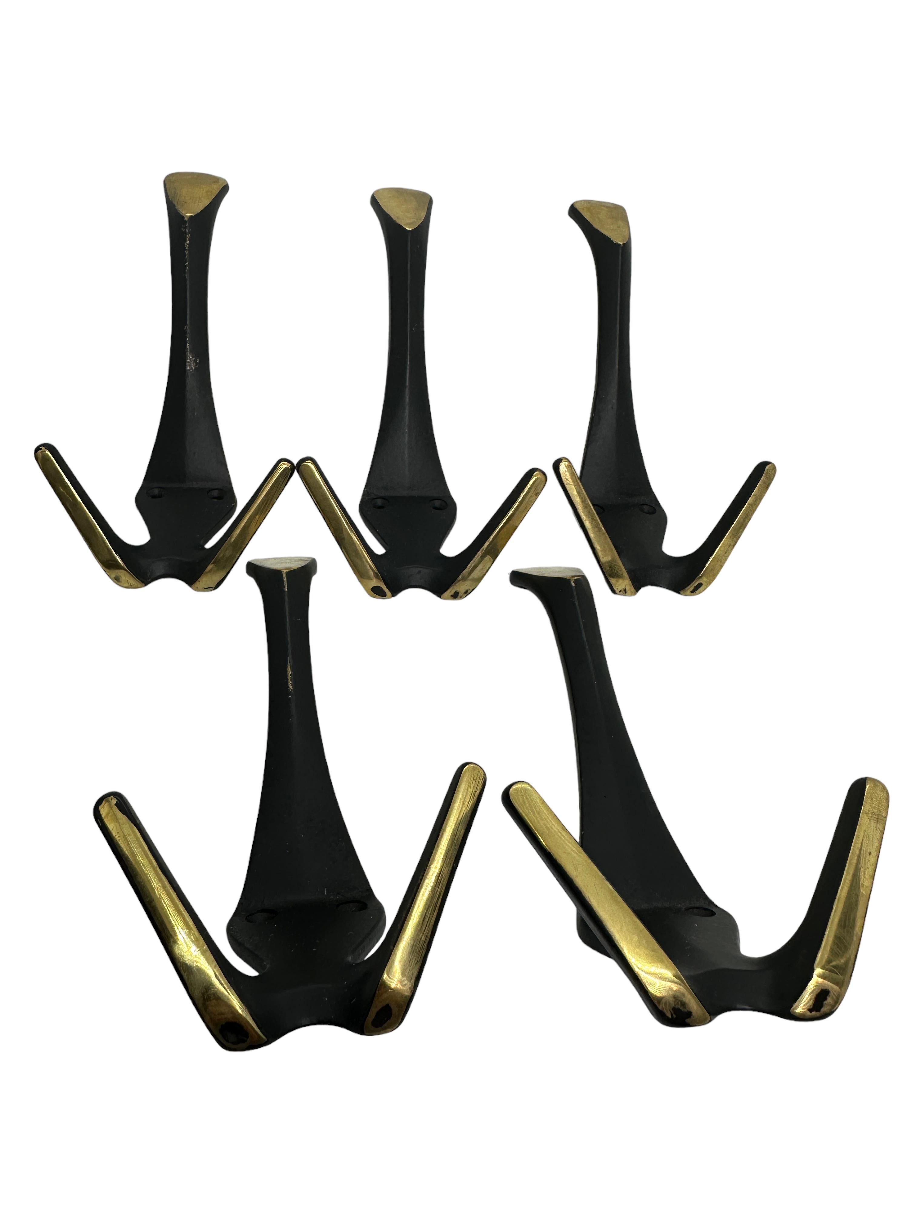German Set of Five Coat Wall Coat Hooks, Black and Brass, Mid-Century Modern, 1950s For Sale